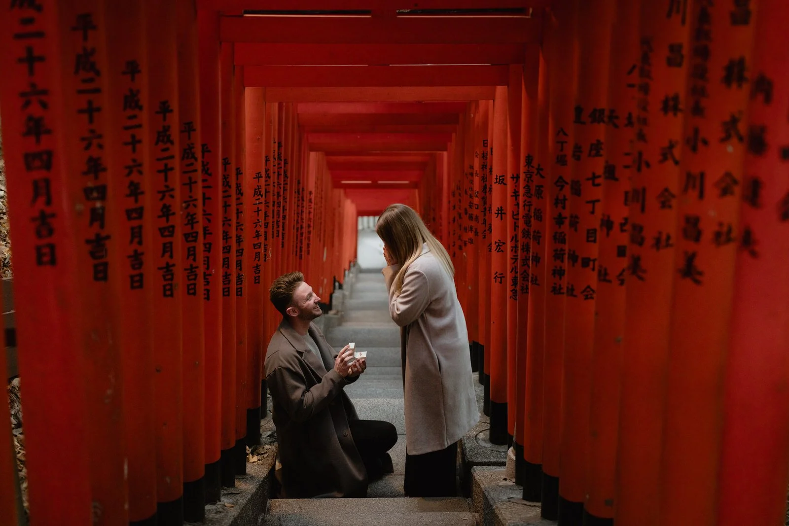 Proposal photoshoot at Hie Shrine torii gate, Tokyo winter