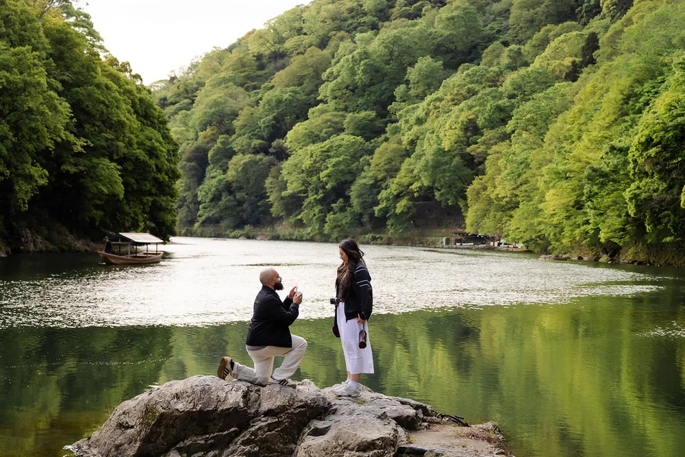 Proposal photoshoot at Katsura River, Kyoto spring morning