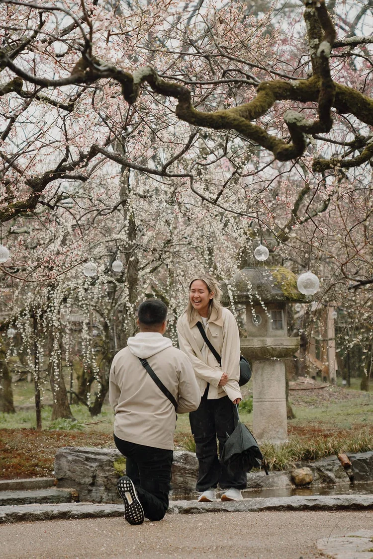 Proposal in the rain at Kitano Tenmangu plum blossom garden, Kyoto