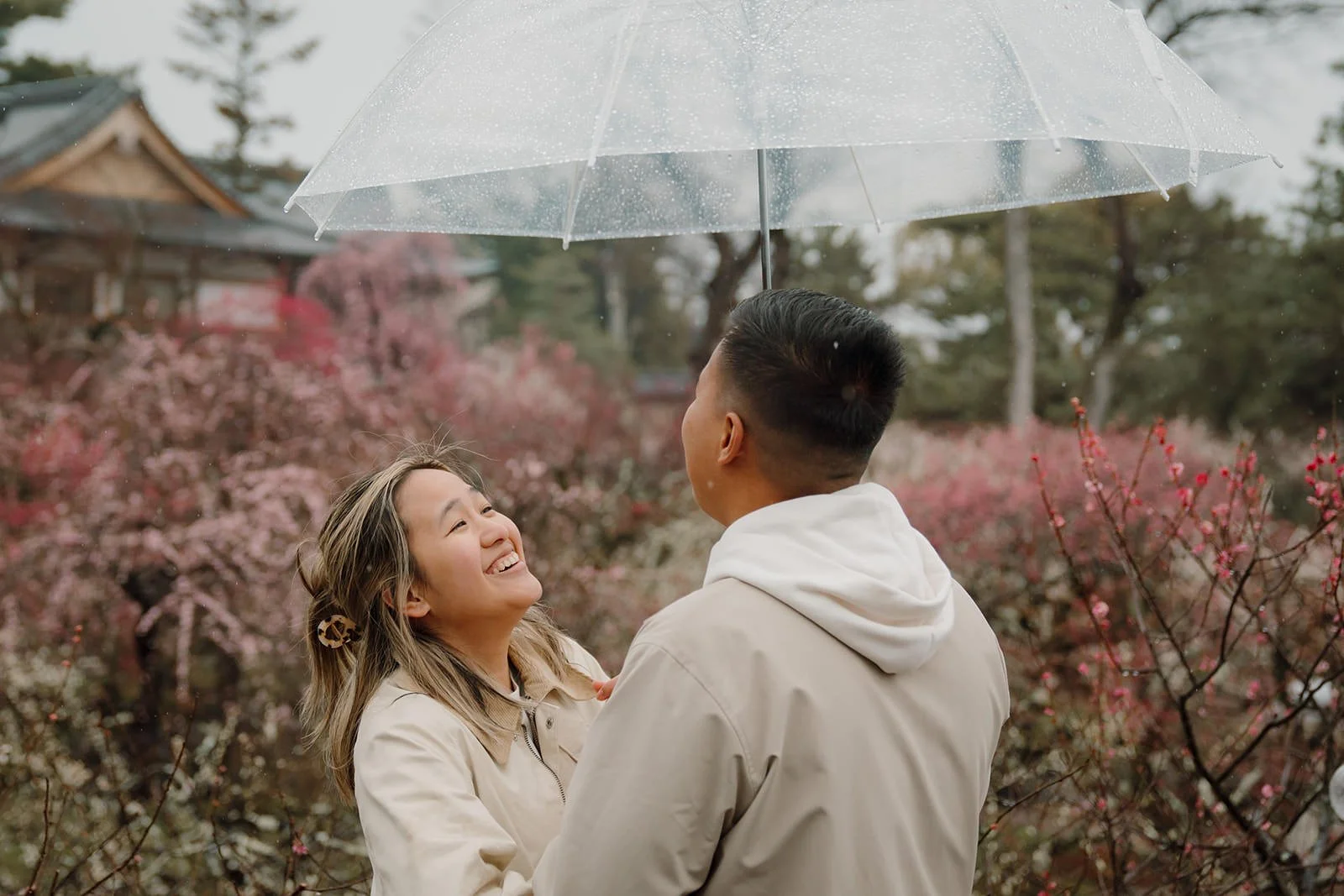 Proposal photography plum blossoms rain Kyoto