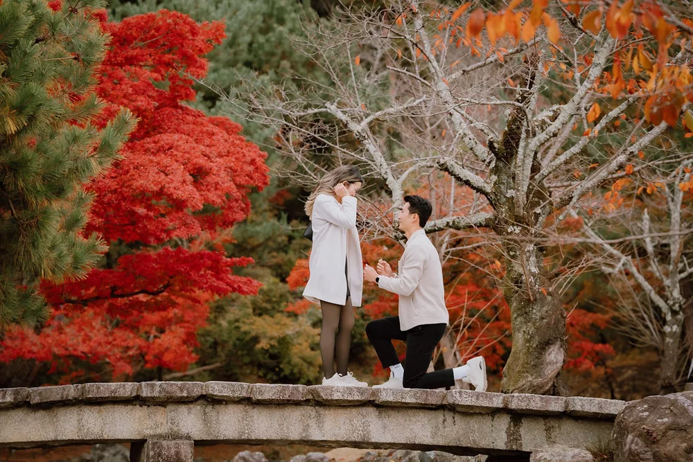 Surprise proposal at Maruyama Park pond bridge, Kyoto autumn