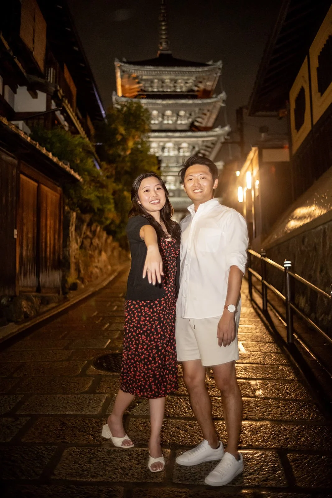 Proposal photoshoot at Yasaka Pagoda at night, Kyoto