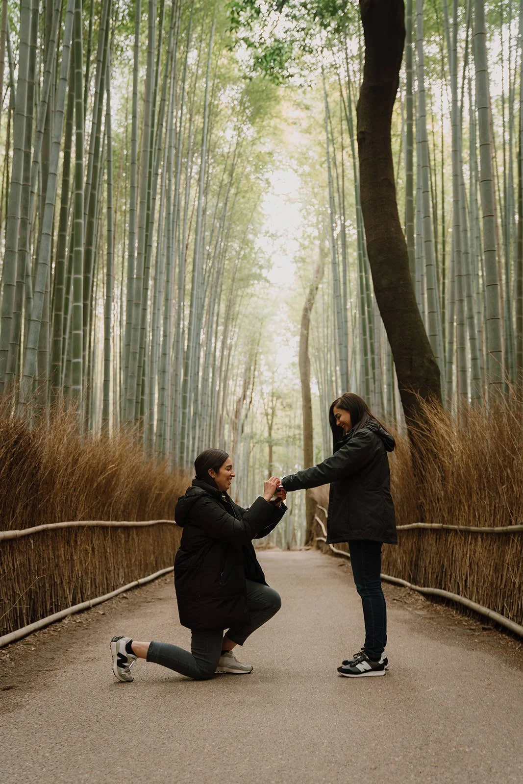 Couple portrait bamboo grove Kyoto spring