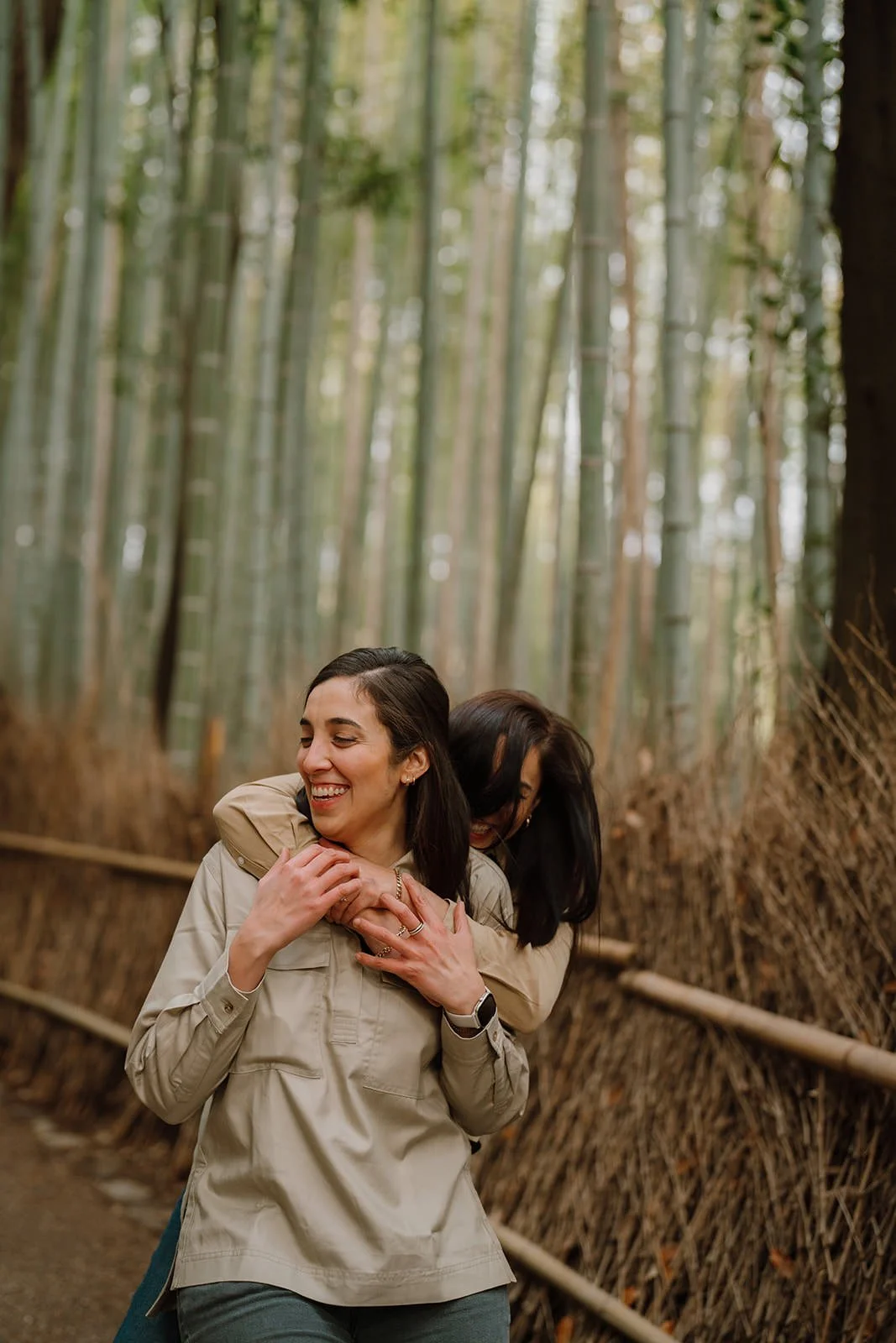 Engaged couple Arashiyama bamboo Kyoto spring morning