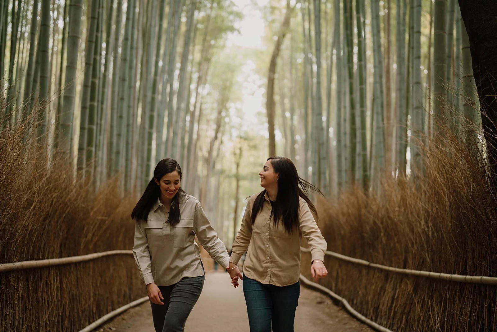 Couple portrait bamboo grove Arashiyama spring Kyoto
