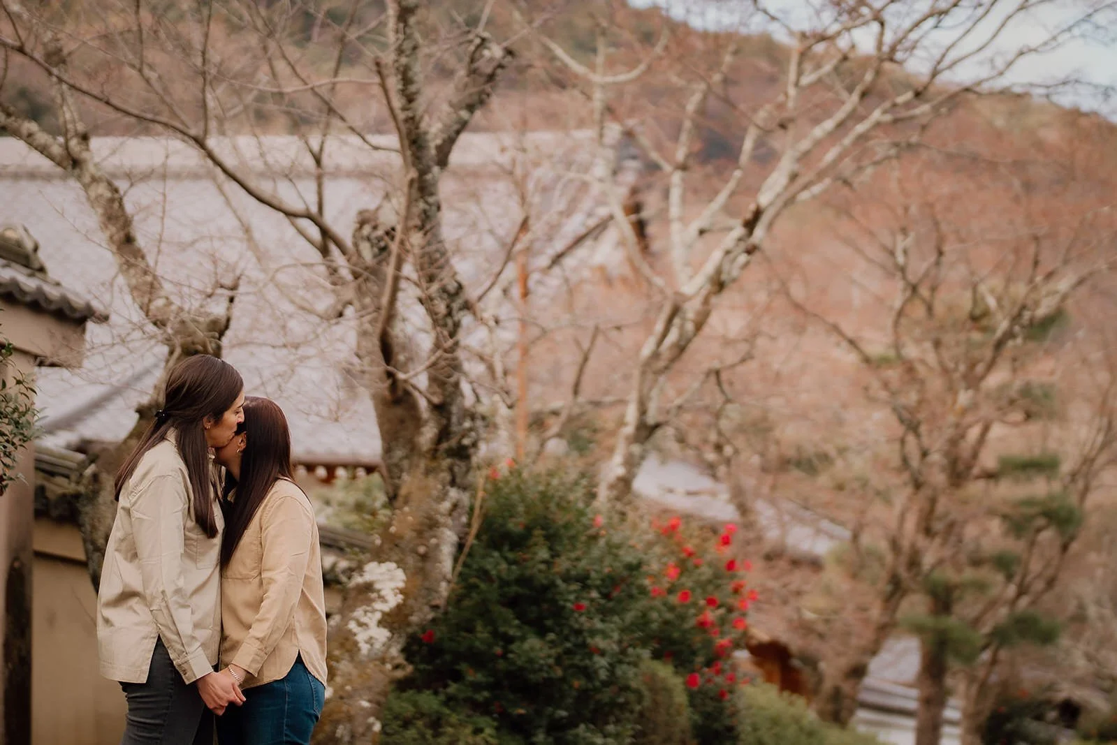 Couple close-up spring morning bamboo Arashiyama Kyoto
