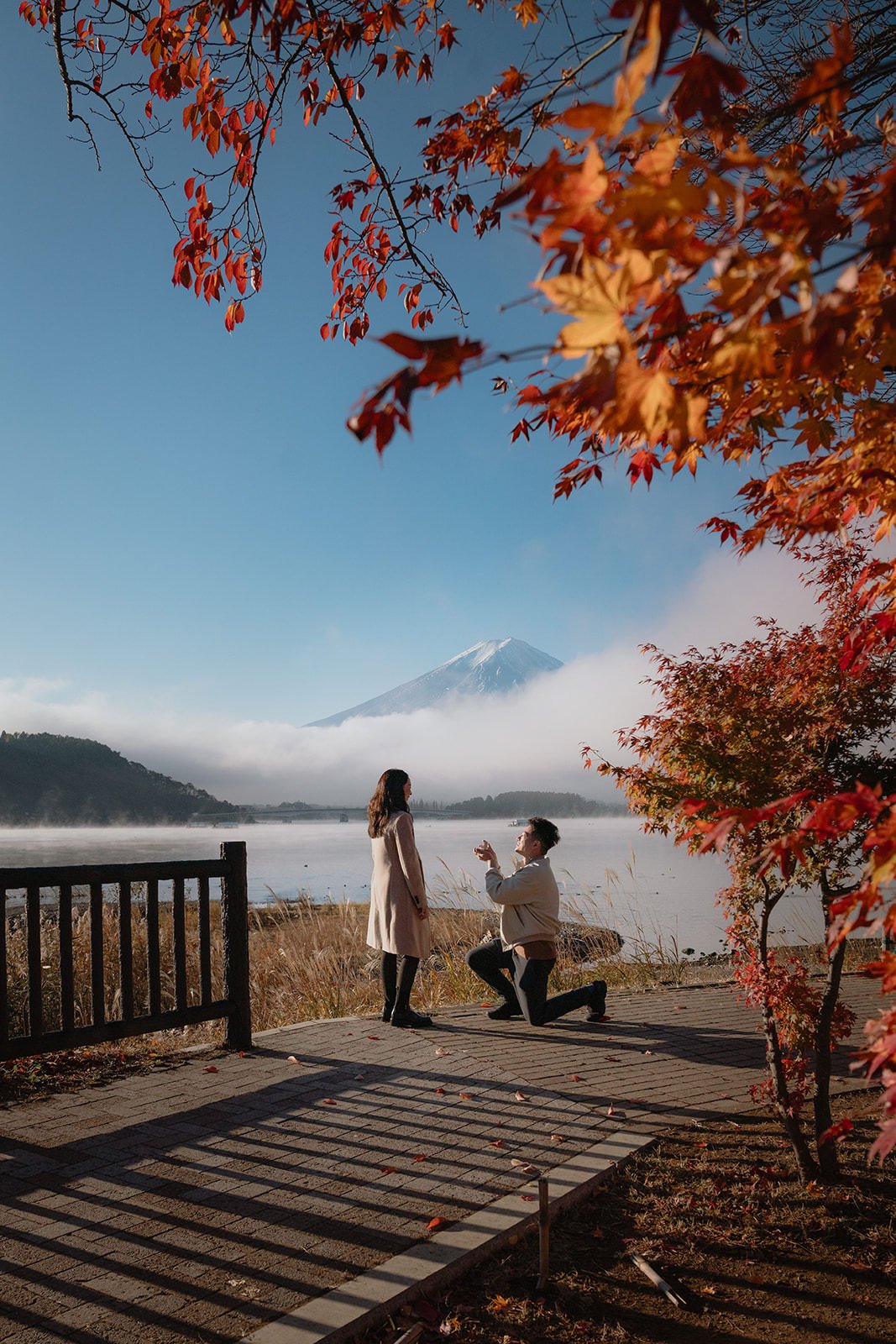 Proposal photoshoot at Lake Kawaguchiko with Mt. Fuji — autumn morning