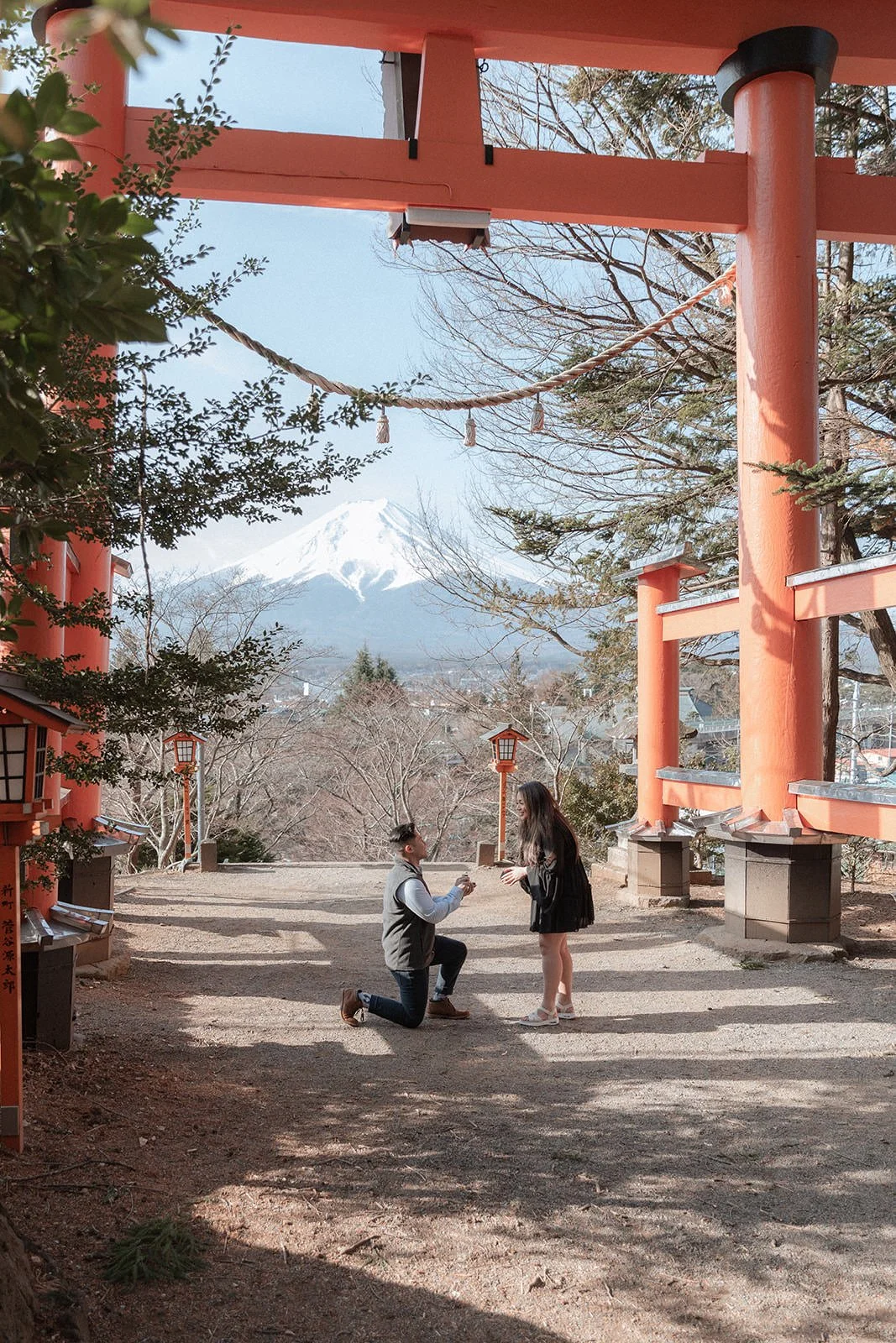 Proposal photoshoot at Chureito Pagoda with Mt. Fuji — spring morning