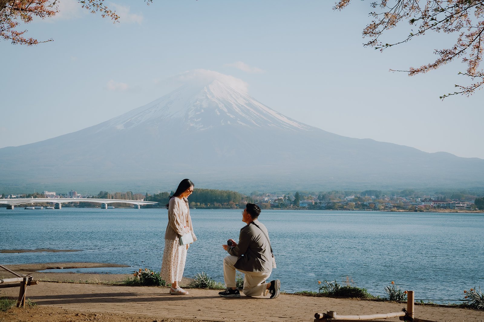 Sunset Cherry Blossom Proposal Kawaguchiko Fuji 2 — Lake Kawaguchiko / Lake Yamanaka, autumn morning