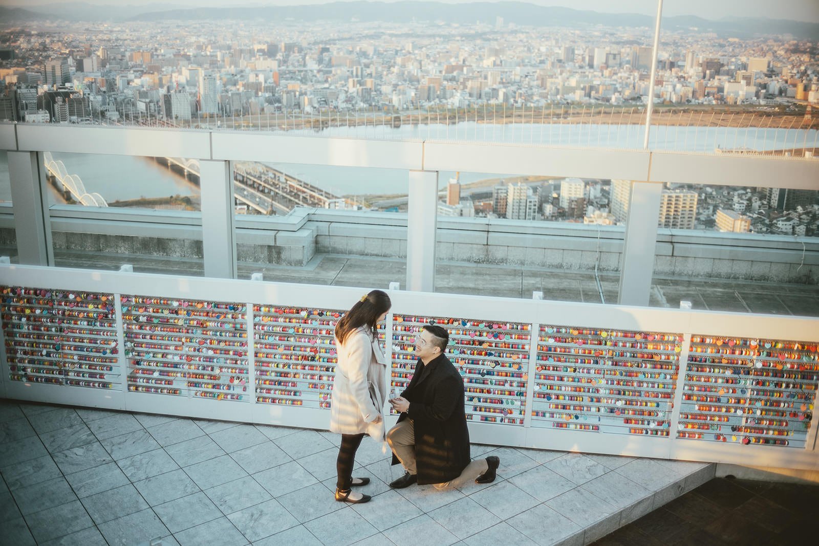 Proposal photoshoot at Umeda Sky Building at sunset in Osaka
