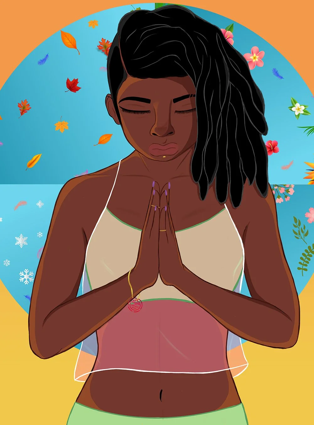 Une femme avec des cheveux bouclés, mains jointes en prière, vue de face avec les yeux fermés, entourée de fleurs et de feuilles flottantes, fond multicolore.