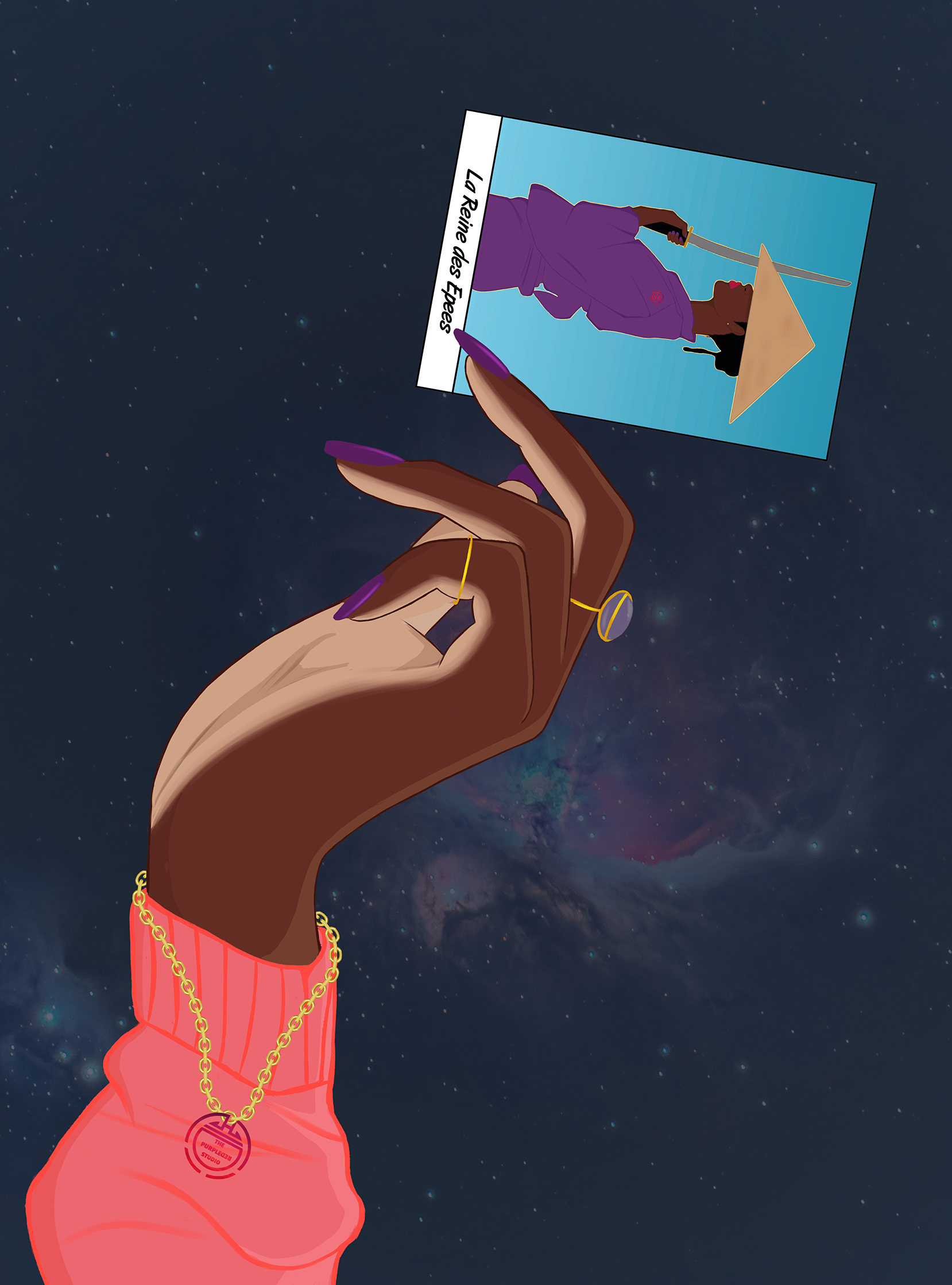 Une main sombre avec des ongles violets tient une carte de visite représentant une personne avec un chapeau pointu. L'arrière-plan est un ciel étoilé.