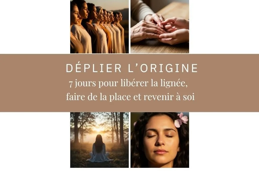 Affiche d'un programme de libération intitulé "Déplier l'origine" avec un texte indiquant 7 jours pour libérer la lignée, faire de la place et revenir à soi, accompagnée de photos de personnes méditant, tenant des mains, et d'une nature paisible.
