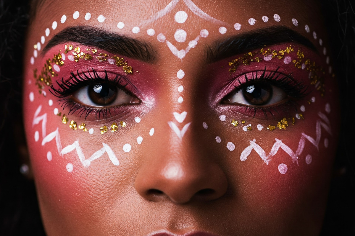 Femme aux peintures rituelles dorées et blanches — programme Les Puissantes, accompagnement féminin Estelle Ruiz