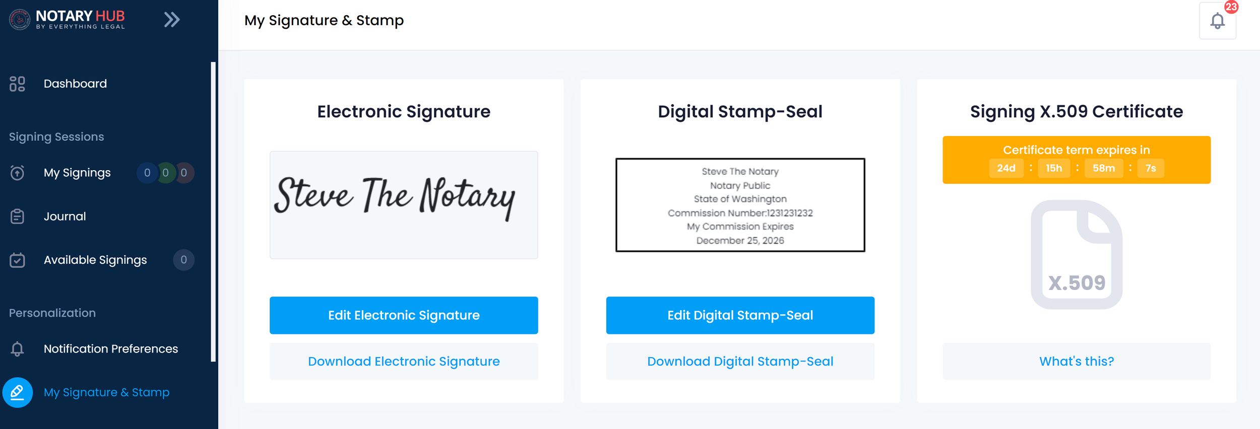 n image displaying a notary's digital tools in three columns: the digital signature, digital stamp, and X509 certificate with its expiration date, representing the essential components for performing secure and compliant remote online notarizations.