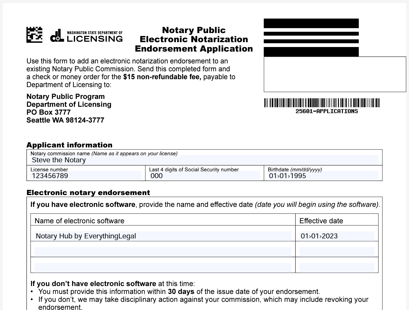 A preview of the WA DoL Electronic Notarization Endorsement application.