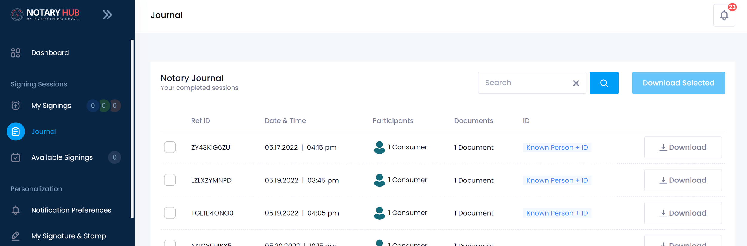 A screenshot of a notary journal displaying neatly organized entries, showcasing essential details such as the date and time, session identifier, identification method, demonstrating proper record-keeping practices.