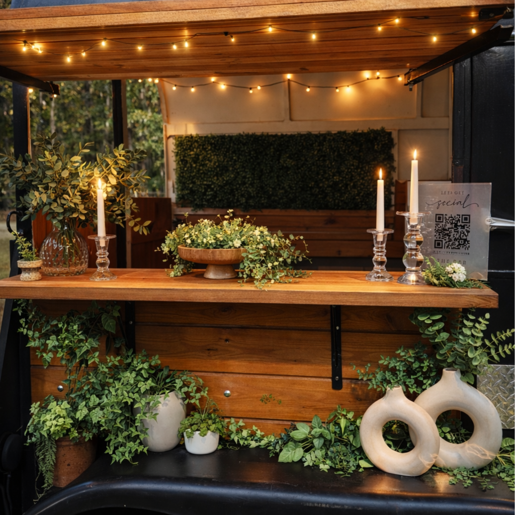 Decorative outdoor bar with wooden counter, green plants in various pots, tall white candles in glass holders, string lights overhead, and a QR code sign with a dessert in the background.
