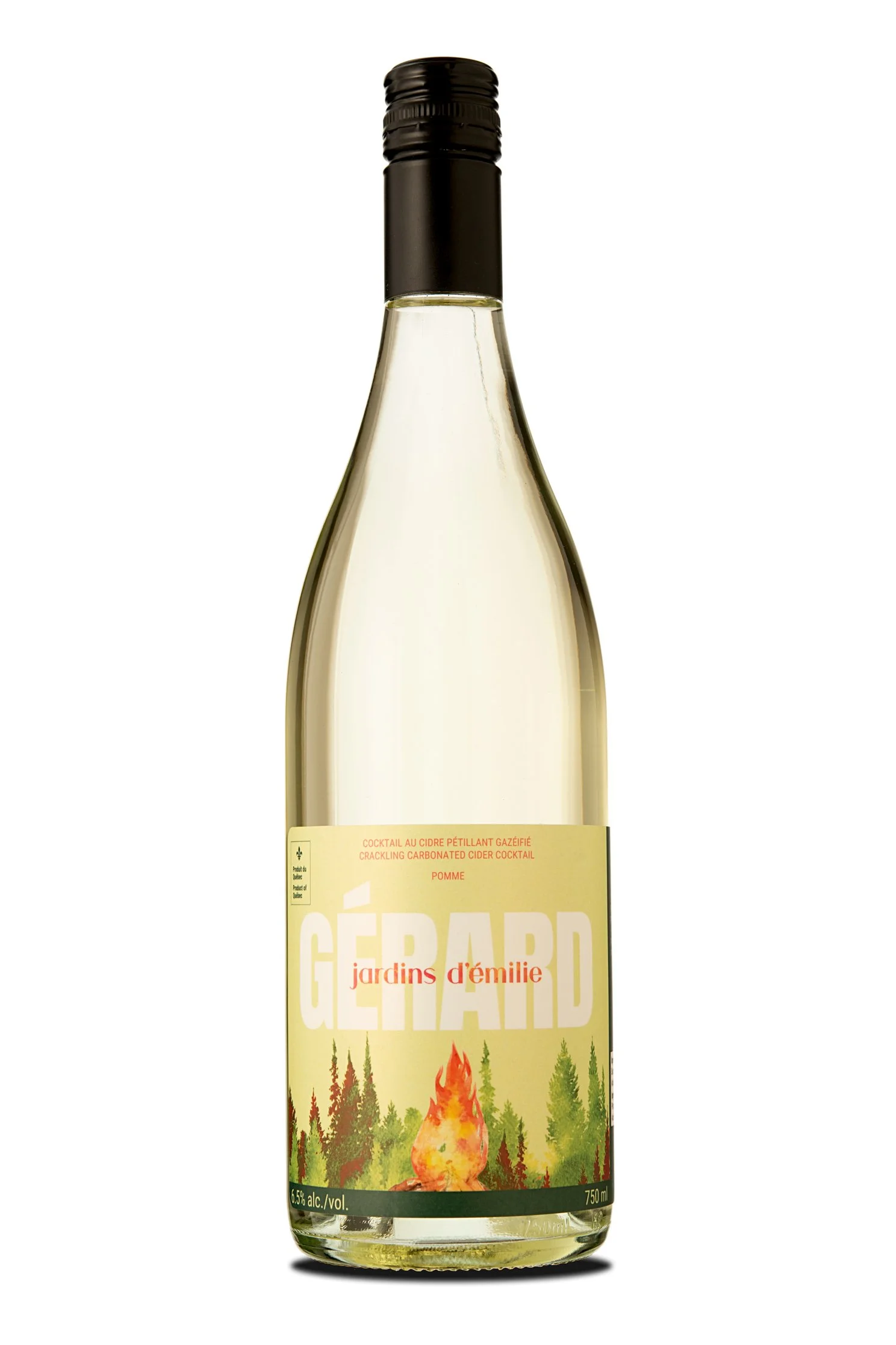 Gérard apple cider bottle with forest and campfire label design