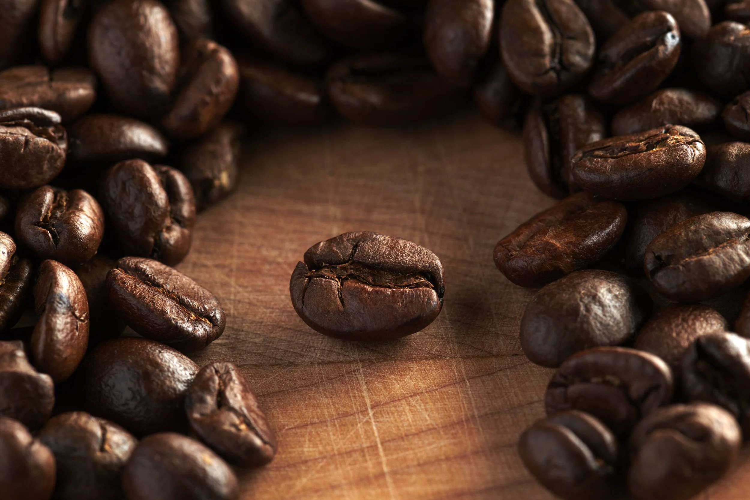 Dark roasted coffee beans scattered with one centered for focus
