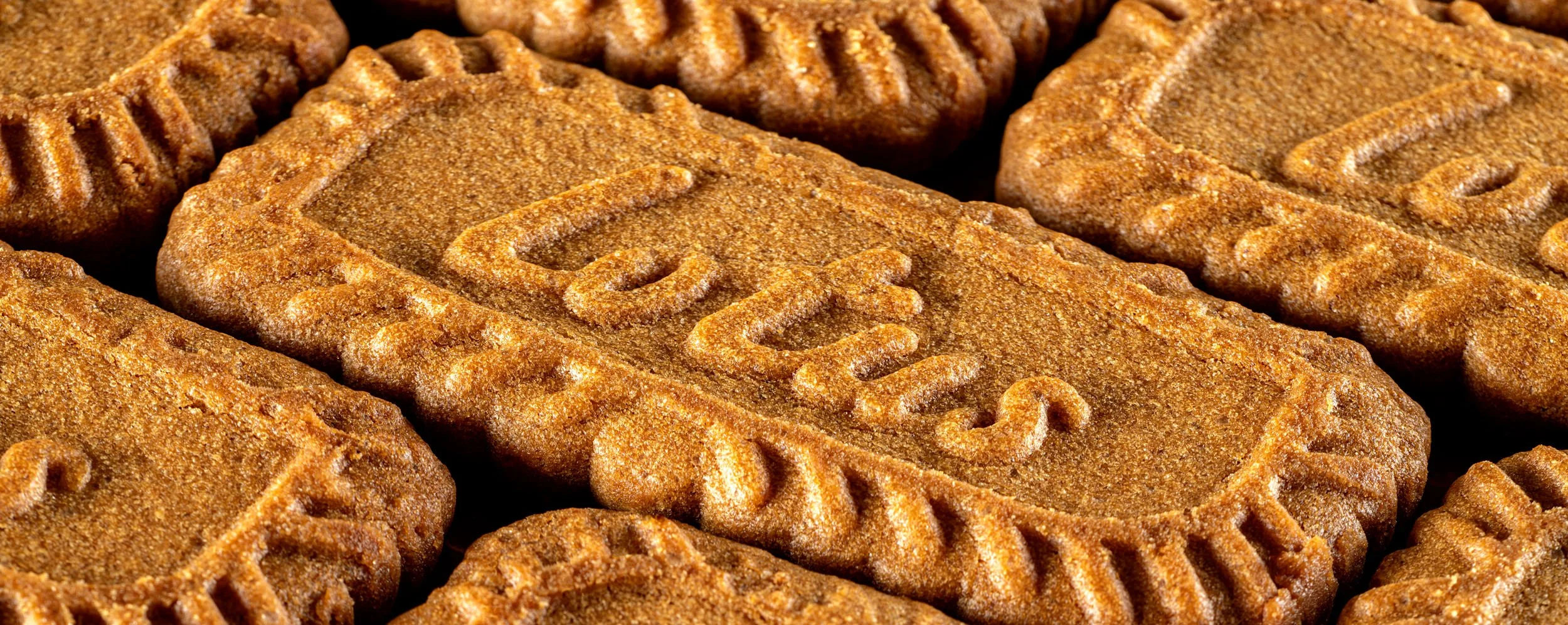 Crisp Lotus Biscoff cookies arranged in a tight layout