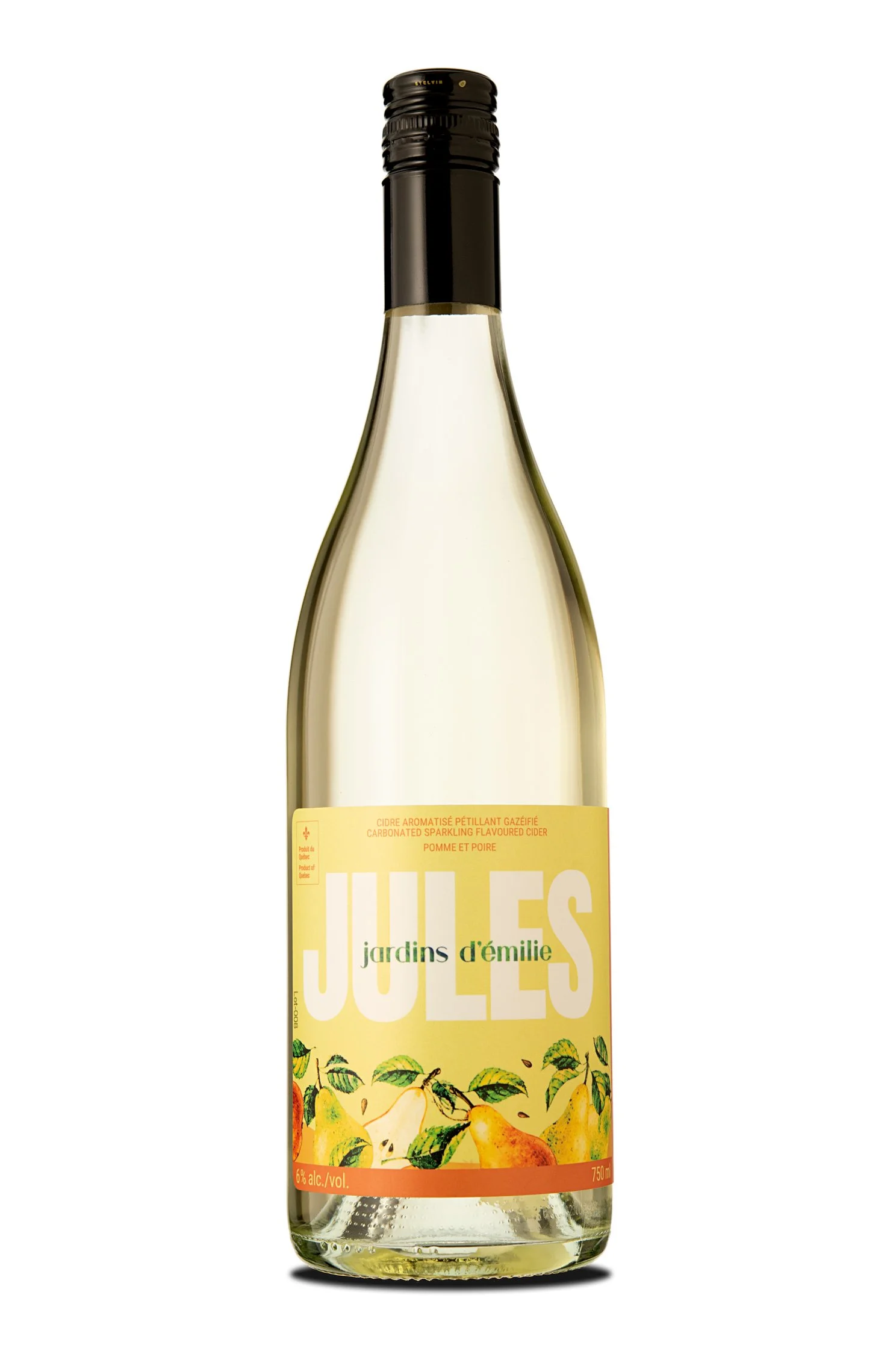 Sparkling apple and pear cider bottle Jules with illustrated fruit label