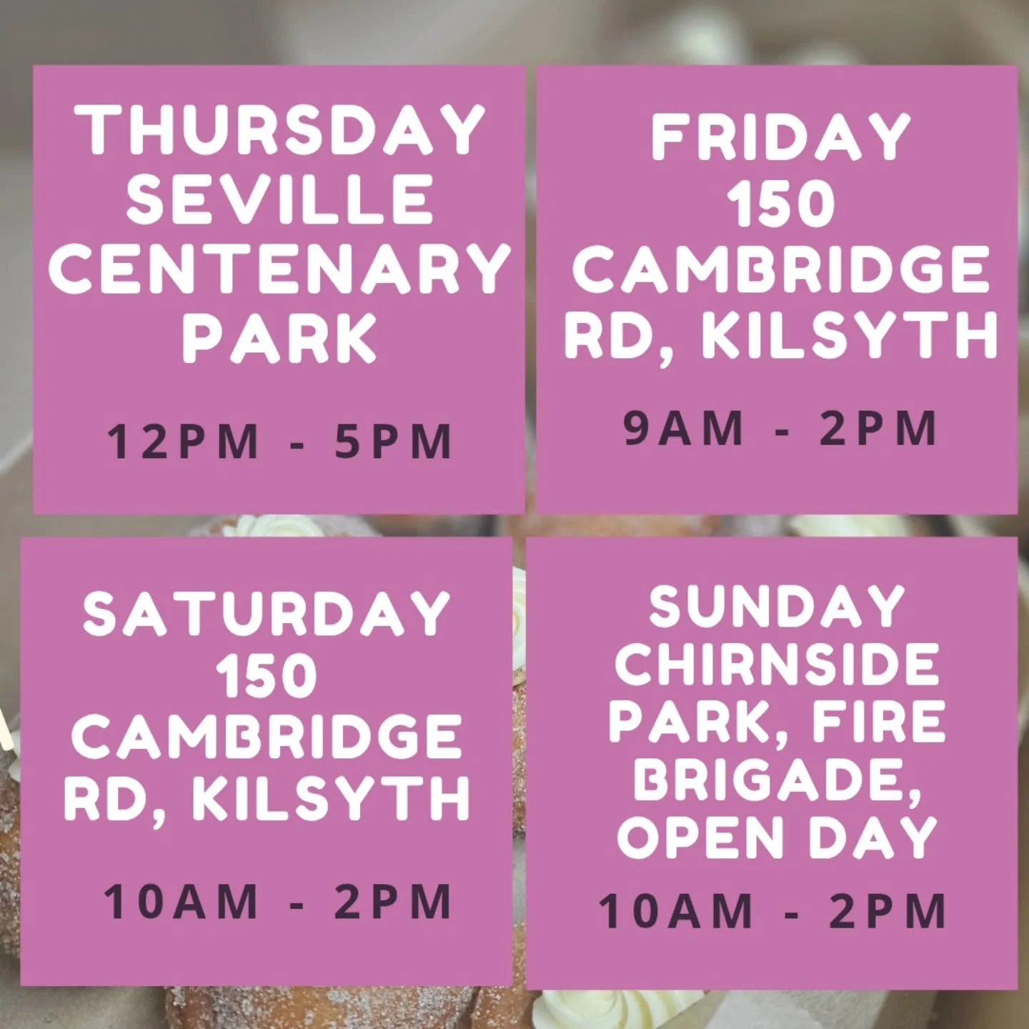 Doughnut hours and locations for the week are here ☺️🍩❤️ 

Roadside in Seville on Thursday and Kilsyth on Friday and Saturday!!! 🍩☀️🫶 

Sunday we are trading at Chirnside Park Fire Brigade Open Day ✨️🎉🚒🚨 10am - 2pm 
We are so excited to be apar