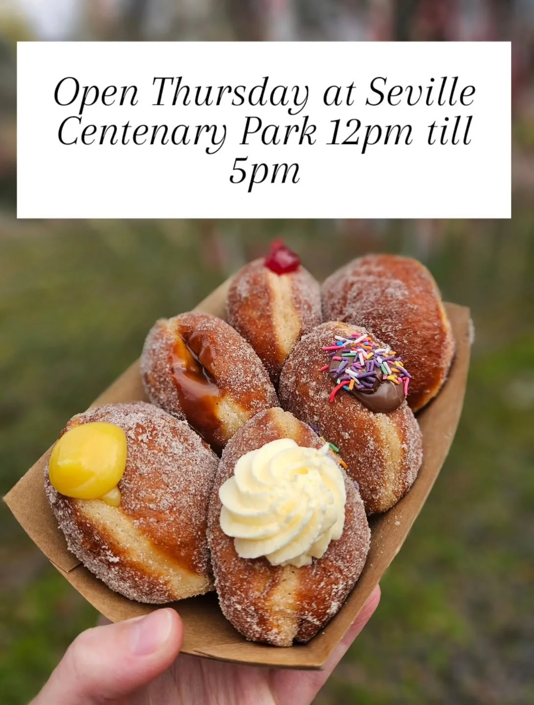 This Thursday we are back open in Seville at Centrnary Park! We will be trading from 12pm till 5pm or Sold Out 😊🍩❤️ 

We can't wait to see our wonderful regulars and new faces too tomorrow! See you soon 👋🍩☀️

#SmallBusiness #YarraValley #seville 