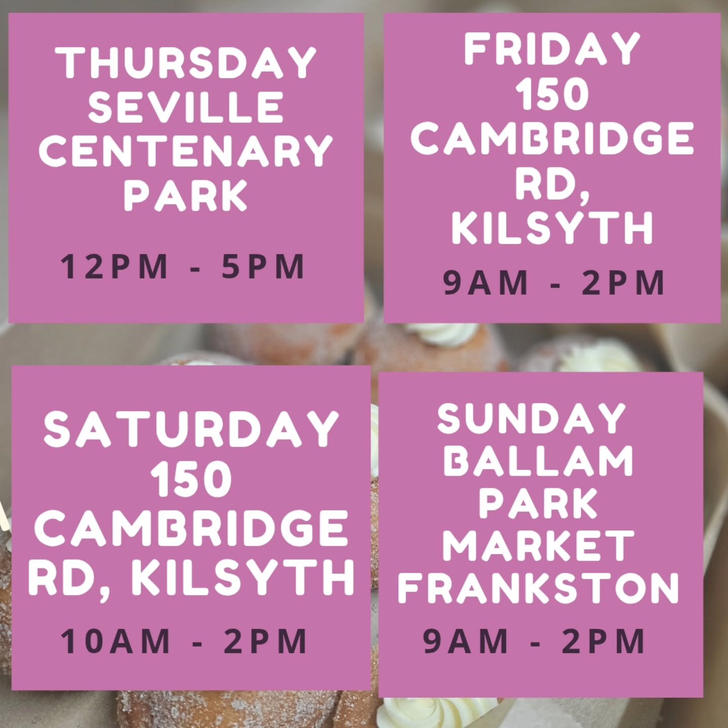 Hey Doughnut Fam! 🍩🙌
We&rsquo;re back on the road this week &mdash; and rolling into a brand NEW market! 🎉

📍 Thursday: Seville Centenary Park &mdash; 12pm to 5pm
📍 Friday: 150 Cambridge Rd, Kilsyth &mdash; 9am to 2pm
📍 Saturday: 150 Cambridge 