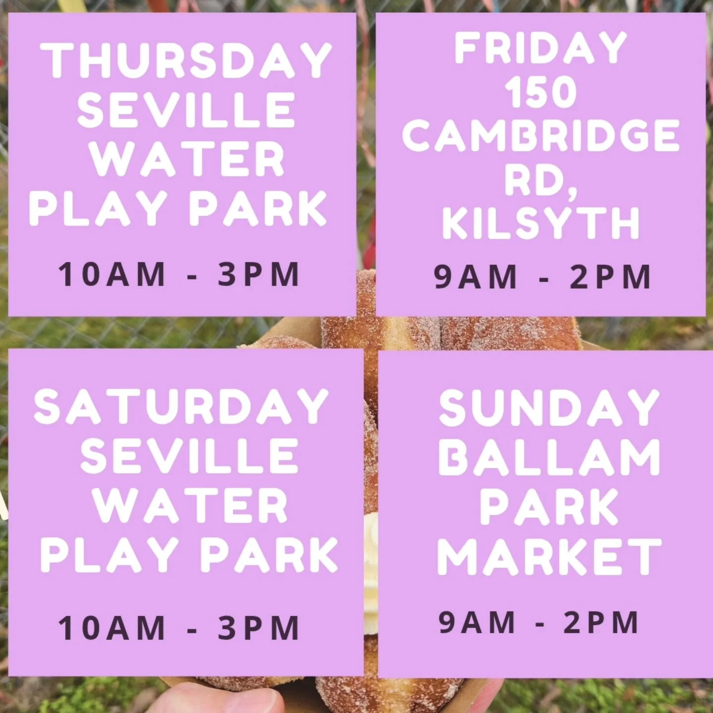 Hey Doughnut Fam! Our hours and locations for the week are here! 👏❤️🍩

We are roadside bound Thursday - Saturday and on Sunday we will be trading at Ballam Park, Frankston for the first time! We are pumped to see you all soon! 
🍩❤️👏 

#smallbusin