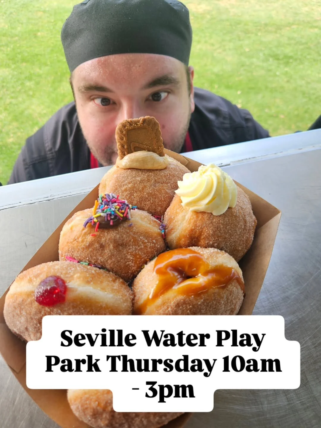 Open Thursday 10am&ndash;3pm outside Seville Water Play Park 🍩
Featuring: our baker &ldquo;quality checking&rdquo; the doughnuts from a totally normal, not-at-all-creepy distance 👀
Don&rsquo;t worry&hellip; he only stares because he cares 😆 

#fre