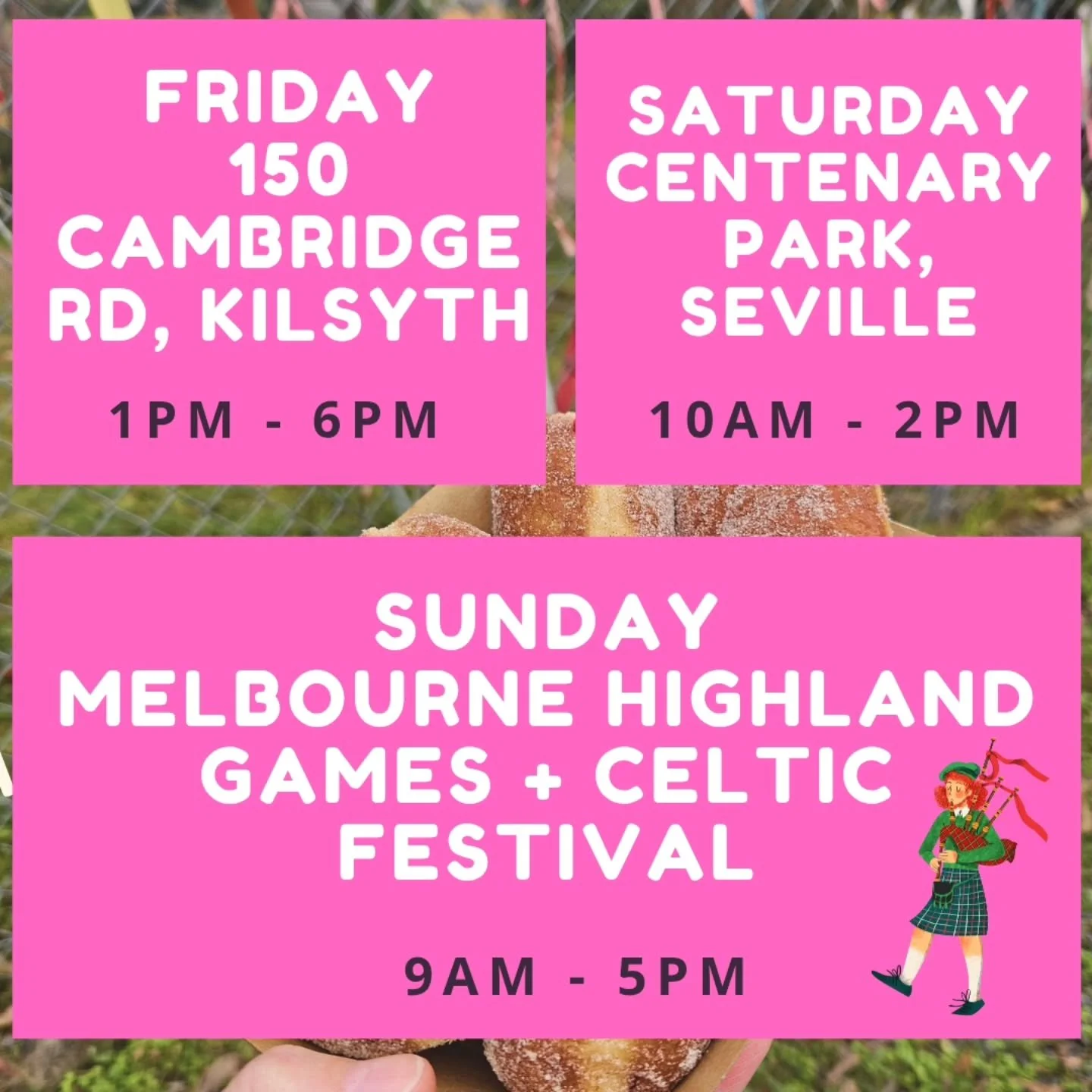 This week&rsquo;s doughnut run is locked in 🍩👇

Friday we&rsquo;re back in Kilsyth with NEW hours &mdash; 1pm till 6pm for those well-earned end-of-week treats 🙌

Saturday you&rsquo;ll find us at Seville Centenary Park, 10am &ndash; 2pm serving up