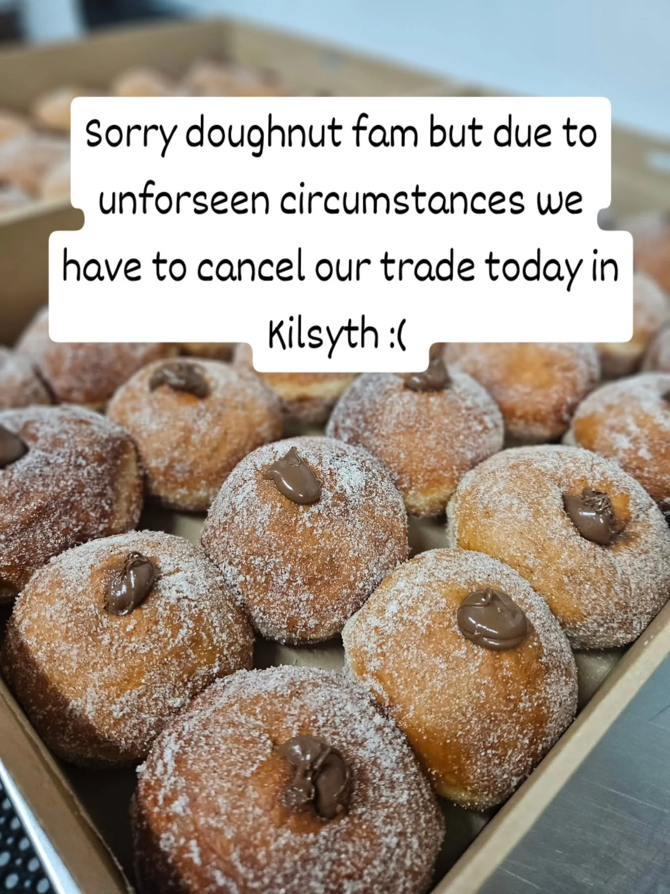 We are so sorry doughnut fam but due to unforseen circumstances we have to cancel our trade today in Kilsyth! We are so so sorry for any inconvenience caused! 🙏🍩❤️ 
Thank you for your understanding. 

#smallbusiness #gourmetdoughnut #donutfoodtruck