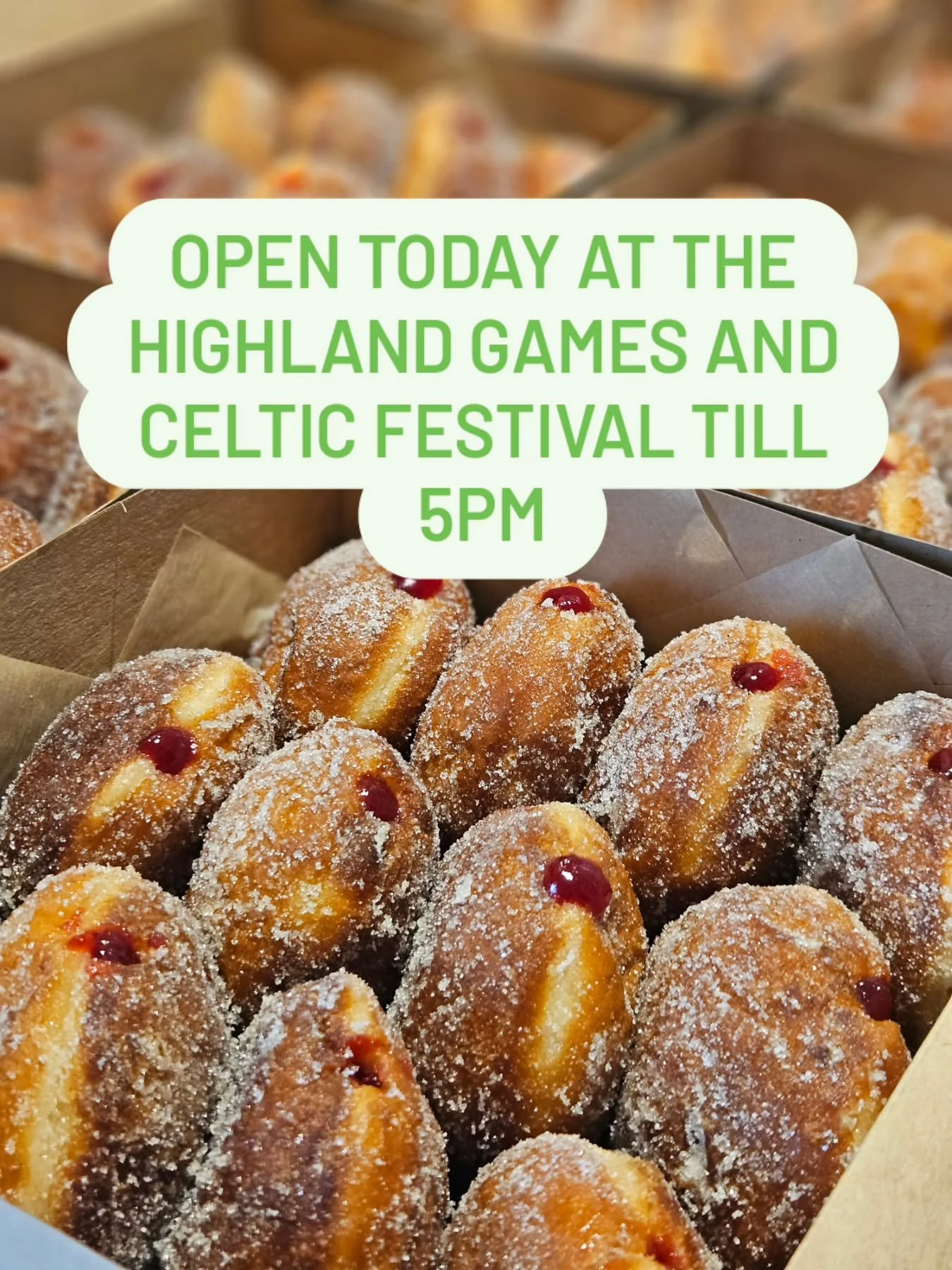 Open today at the Highland Games &amp; Celtic Festival at Eastfield Park, Croydon from now till 5pm! 🎉

Come soak up the atmosphere, enjoy all the action, and treat yourself to our fresh, hot doughnuts made on site 🍩🔥

Follow your nose, grab a bag
