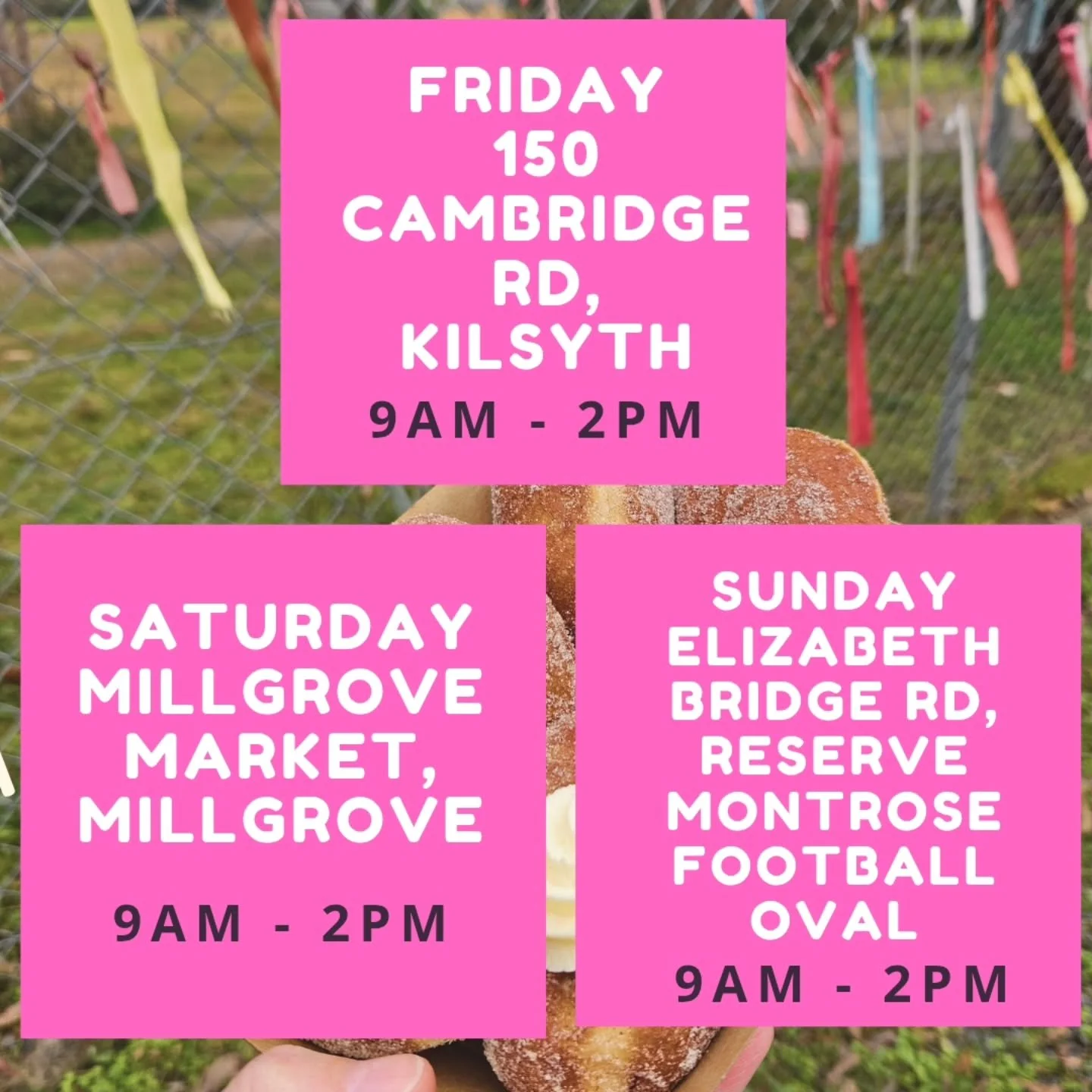 UPDATED CHANGE OF SCHEDULE 🚨 Doughnut alert: we&rsquo;re out and about ALL weekend long! 🚨🍩

Catch us spreading the sweet goodness from Friday through Sunday 👇

🍩 Friday &ndash; 150 Cambridge Road, Kilsyth
⏰ 9am &ndash; 2pm

🍩 Saturday &ndash; 