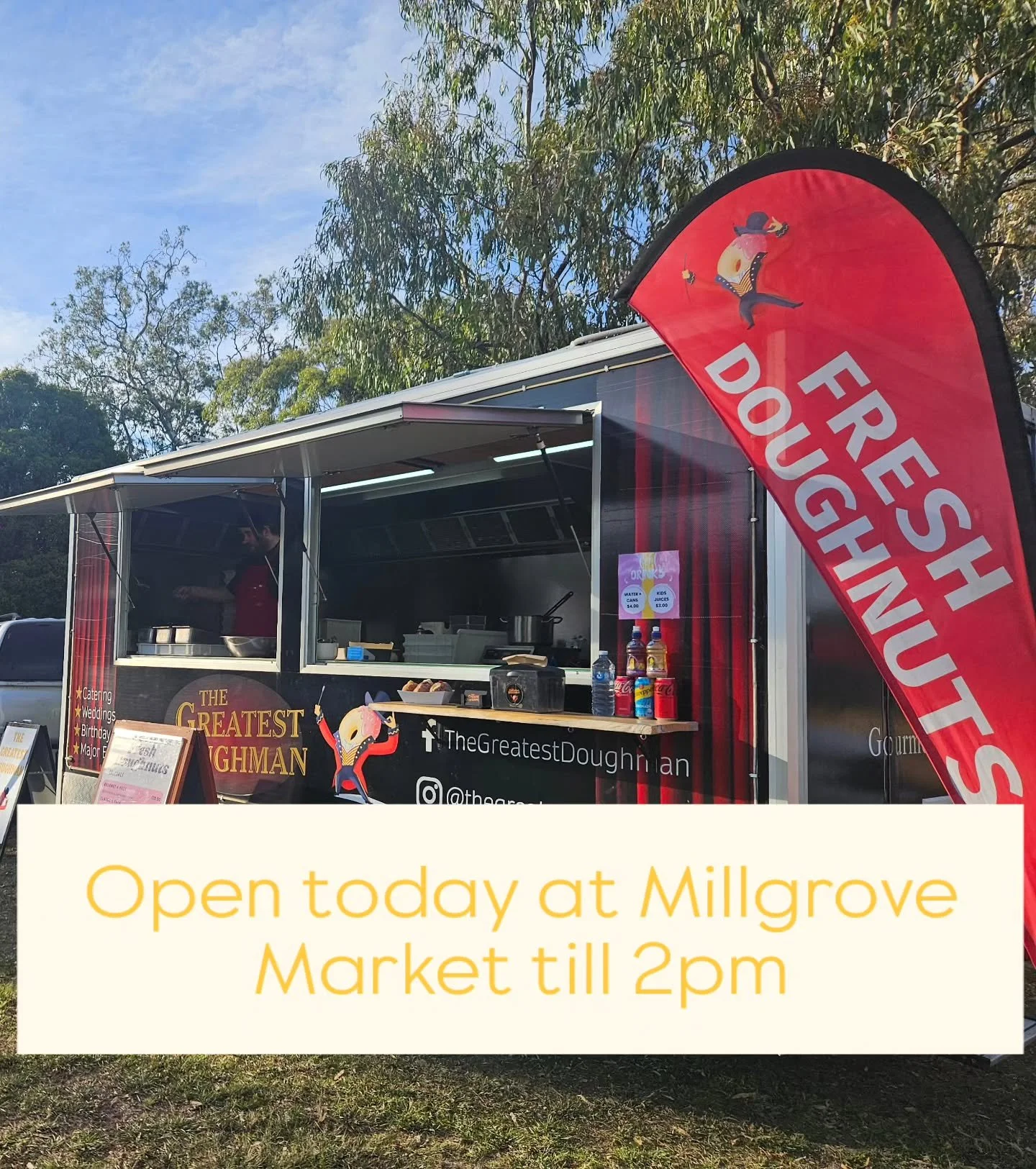 Good morning Millgrove! ☀️
We&rsquo;re open at the Millgrove Market until 2pm serving up our fresh, hot doughnuts! 🍩

Warm up with our classic jam-filled favourites (aka the jammies 😍), or if you&rsquo;re chasing something extra indulgent, our deli