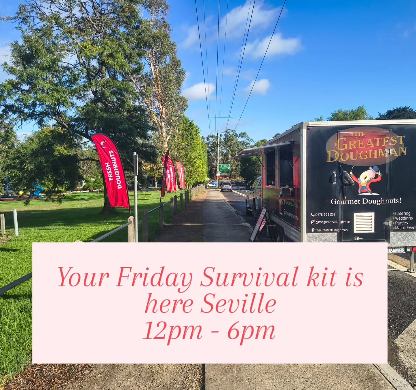 🍩☀️ Good morning doughnut fam! Let&rsquo;s roll into Friday together outside Seville Water Play Park from 12pm &ndash; 6pm.

It might be chilly out, but luckily our fresh hot doughnuts are basically little edible heaters 😉🔥

Swing by, warm your be