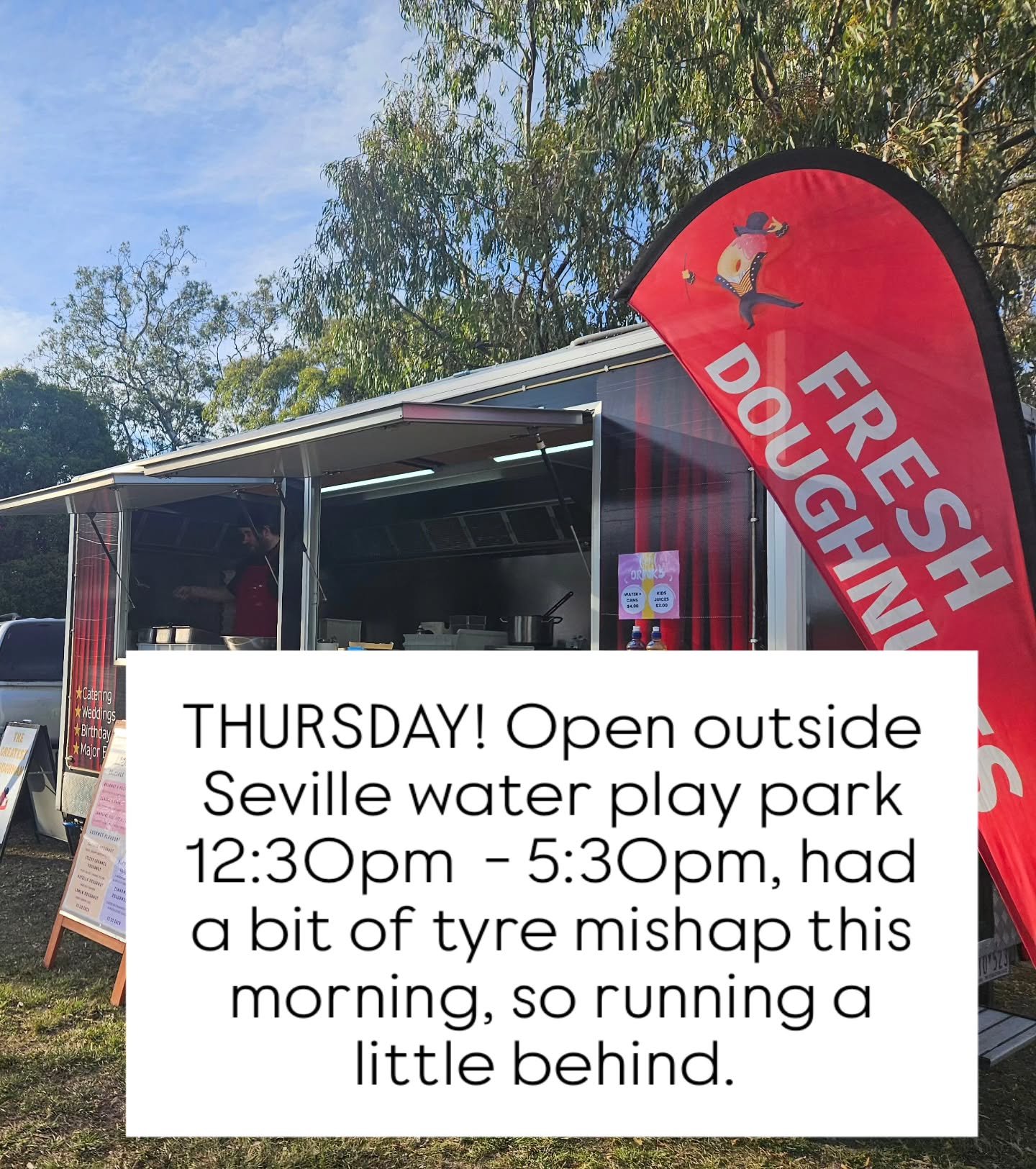 🍩☀️ Good Morning Seville!

Well&hellip; one of the doughnut wagon&rsquo;s tyres decided it didn&rsquo;t want to work Thursdays anymore 😅🛞
After a little unexpected pit stop this morning, we&rsquo;ll now be open from 12:30pm &ndash; 5:30pm outside 