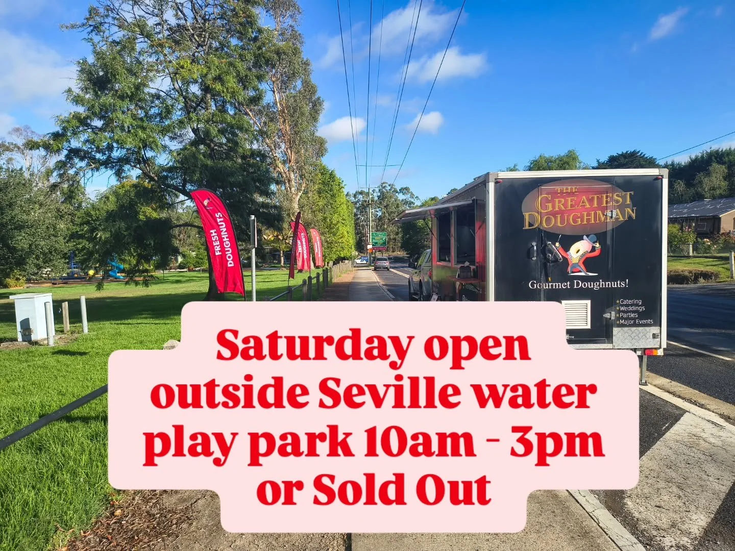 🌞🍩 Good Morning, Seville!

We're serving up fresh, hot doughnuts today outside the Seville Water Play Park from 10am&ndash;3pm (or until we sell out!).

Whether you're out and about, chasing the kids, or just chasing doughnuts, we've got your Satur