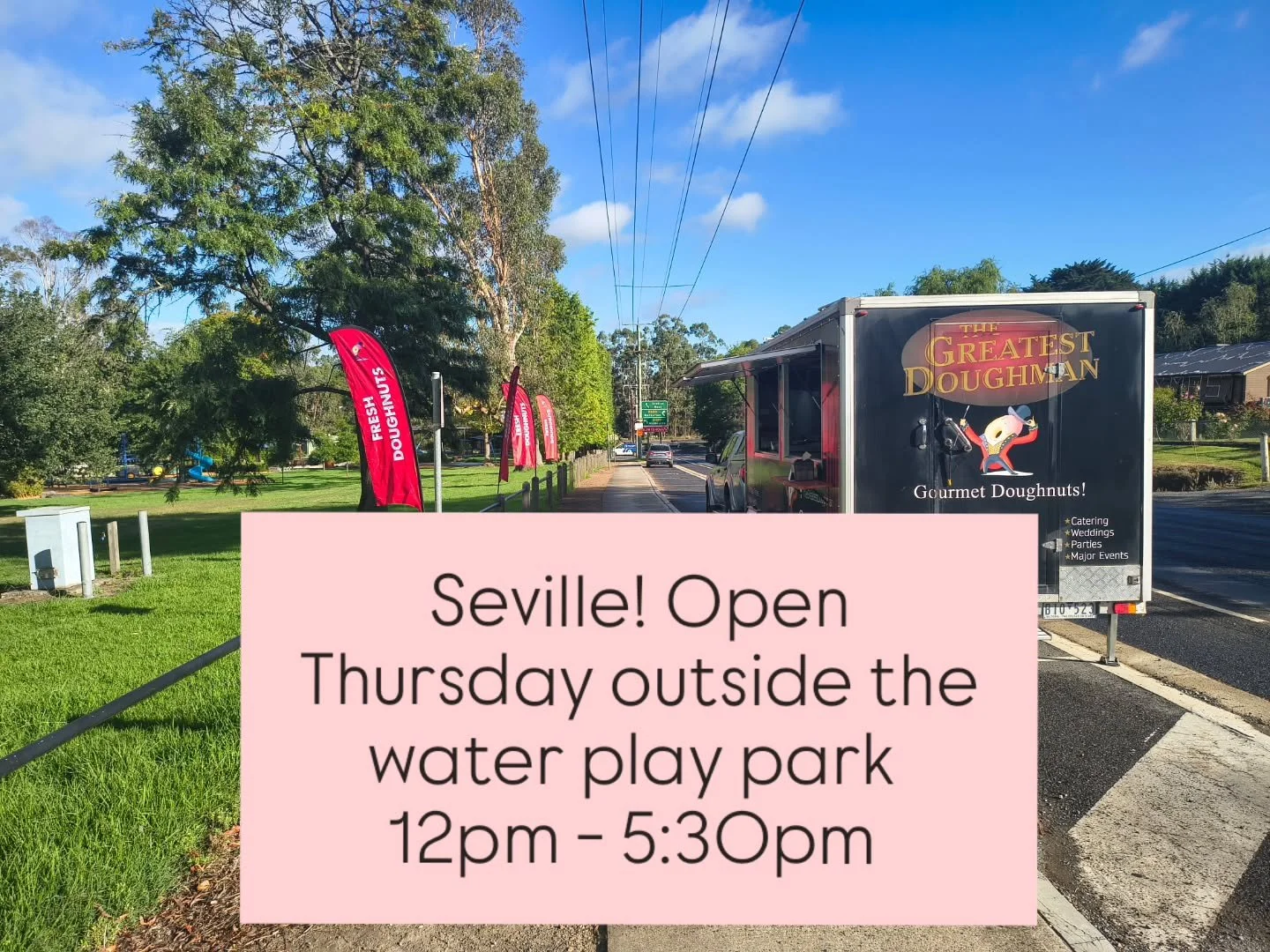🎉 Seville, we're back tomorrow! 🎉

Find us outside the Water Play Park from 12pm - 5:30pm (or sold out) serving up all the fresh, doughy goodness your heart desires 🍩😋

And we've got some exciting company joining us! ☕🐶 Shakes and dogs will be t
