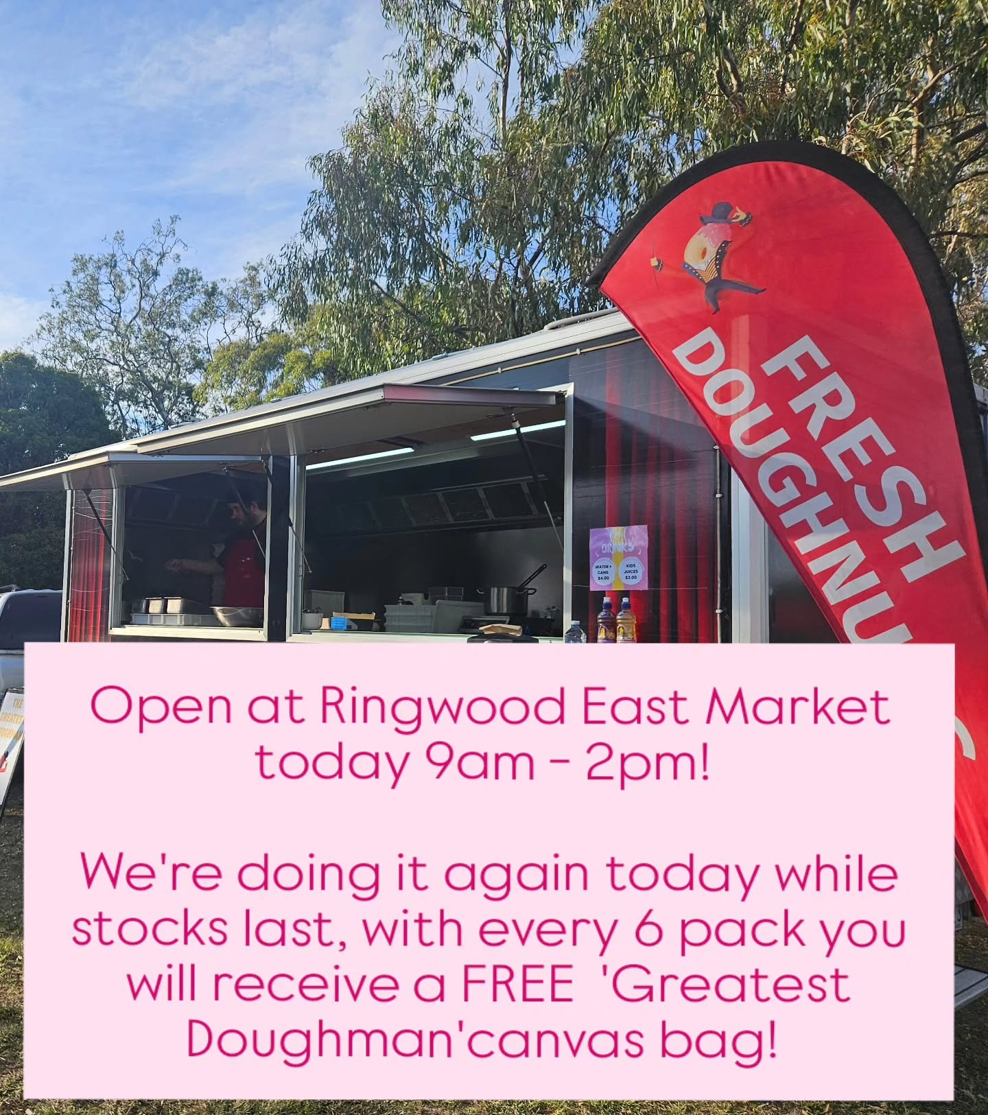 🍩☀️ Good Morning Doughnut Fam! ☀️🍩

It's our LAST trading day of the long weekend and we're spending it at Ringwood East Market from 9am - 2pm! 🎉

You loved it yesterday, so we're doing it again today! 🙌 With every 6-pack purchased, you'll receiv