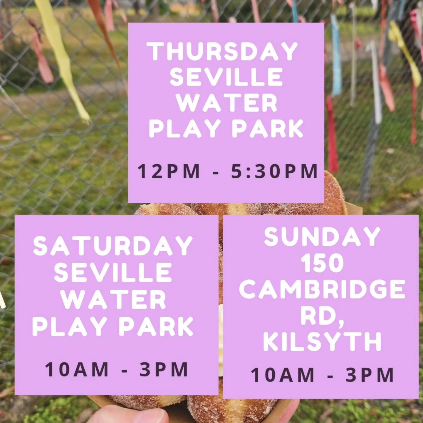 🍩✨ DOUGHNUT FAM, HERE'S WHERE TO FIND US THIS WEEK! ✨🍩

📍 Thursday &ndash; Outside Seville Water Play Park
⏰ 12pm - 5:30pm
☕ Our friends at Shakes &amp; Dogs are joining us again, serving up the coffee goodness while we bring the fresh doughy trea