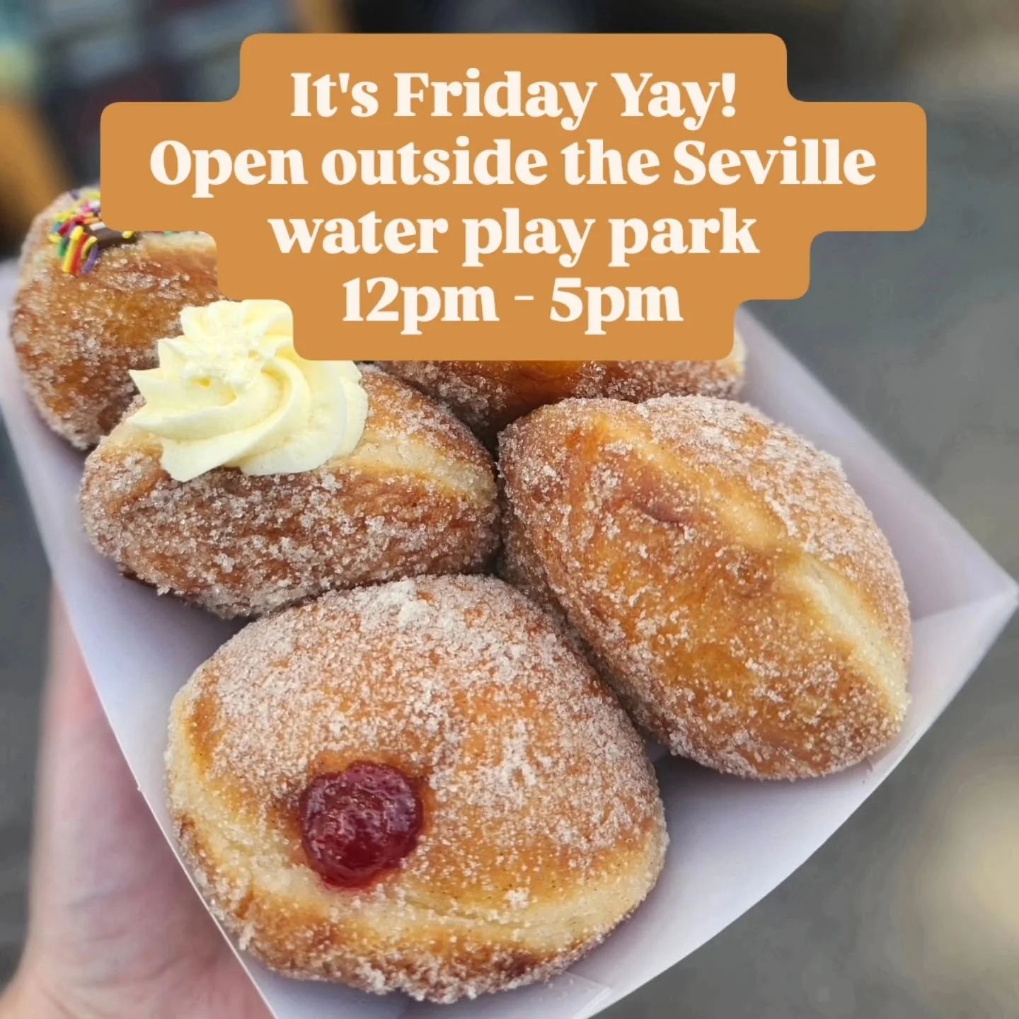 🌞 Good Morning, Seville!🌞

🎉 It's FINALLY FRIDAY! 🎉 Time to treat yourself! 🍩💛

Celebrate the weekend with a box (or two 😉) of your favourite doughnuts! 😍🍩

📍 Find us roadside outside the Seville Water Play Park
🕛 12:00 PM &ndash; 5:00 PM 