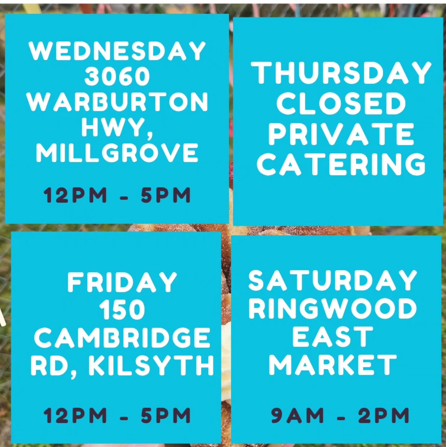 🍩 Hey Doughnut Fam! 🍩

We're back on the road and ready to sprinkle a little sweetness into your week!

📍 Wednesday &ndash; 3060 Warburton Hwy, Millgrove | 12pm&ndash;5pm
🚐 Thursday &ndash; Closed for private catering at Urban College Croydon
📍 