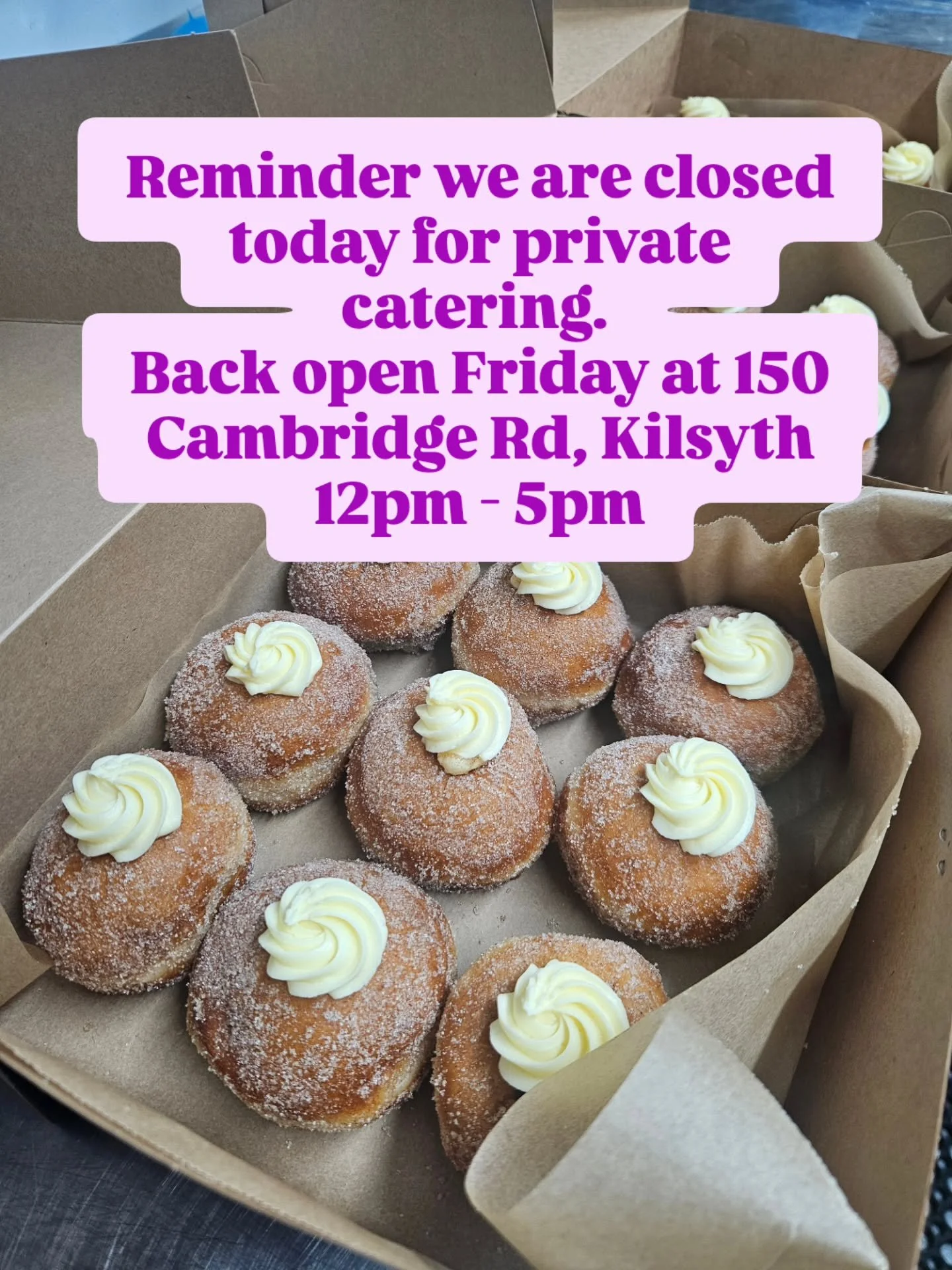 Good Morning Doughnut Fam! Just a friendly reminder we are closed today for private catering at Urban College Croydon. 
We will be back roadside trading tomorrow (Friday) at 150 Cambridge Rd, Kilsyth 12pm - 5pm. We can't wait to see you there 😊 

#s