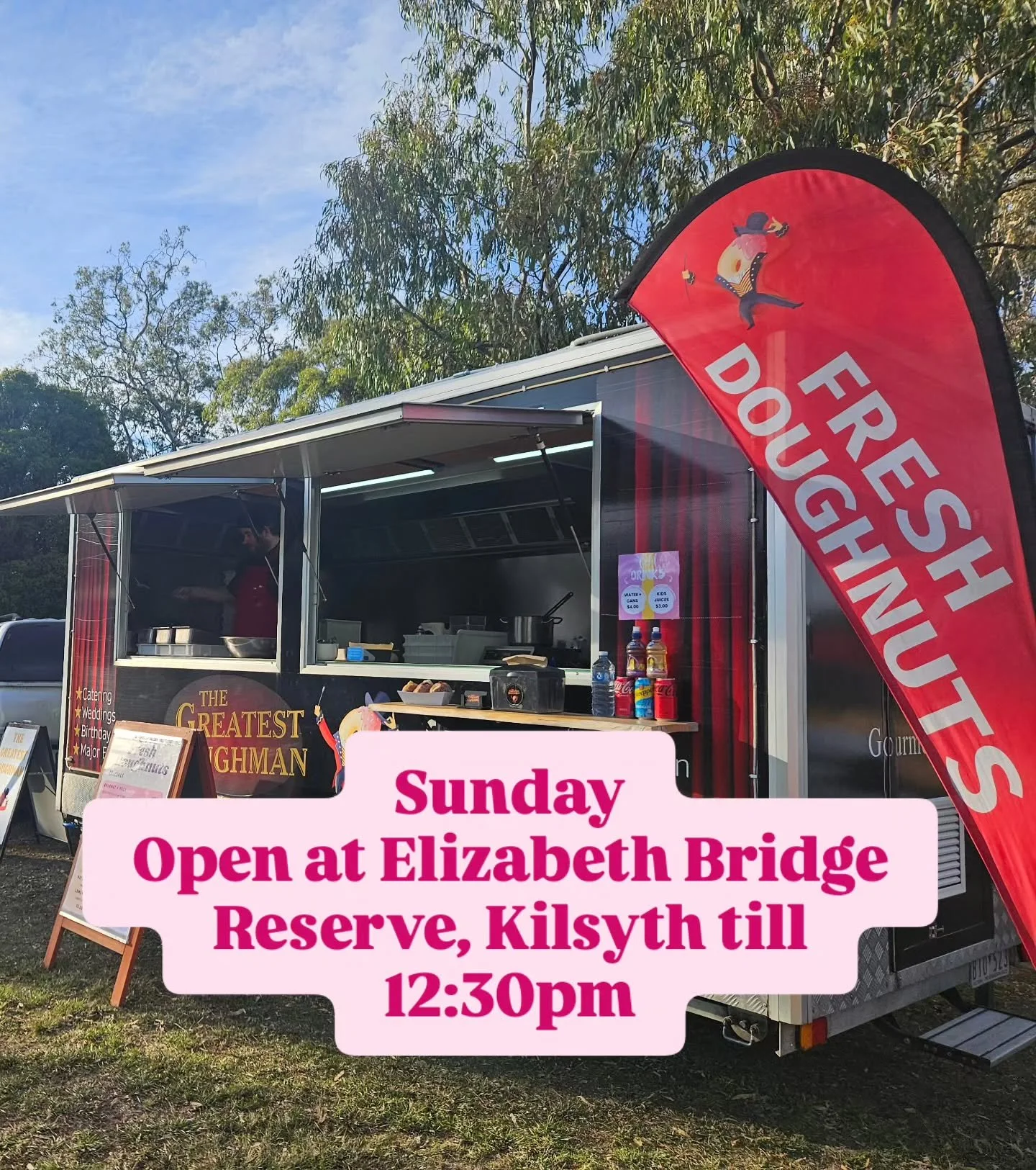 Good morning, Doughnut Fam! 🍩☀️

We're at Elizabeth Bridge Reserve, Kilsyth this morning with the Montrose Football Club until 12:30pm or until sold out, serving up all your favourite fresh doughnuts! 🤤

Pop down, say hello, and grab a sweet treat 