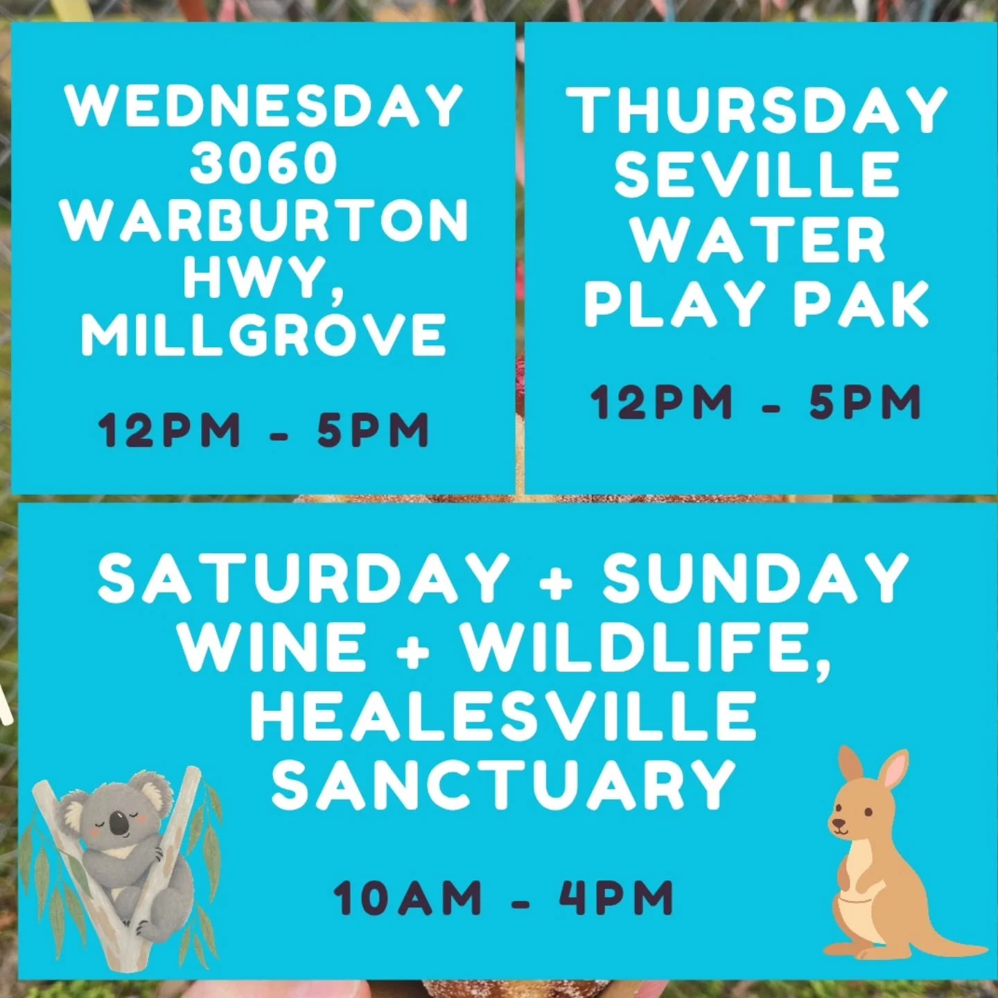🍩✨ Hey Doughnut Fam!✨🍩

We hope you&rsquo;ve had a fabulous start to the week!  Here&rsquo;s where you can find us over the next few days 👇

 WEDNESDAY
🕛 12pm &ndash; 5pm
📍 3060 Warburton Highway

 THURSDAY
🕛 12pm &ndash; 5pm
📍 Outside Seville