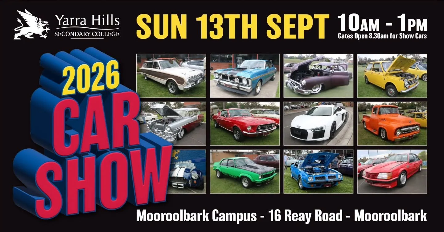 🚗✨ SAVE THE DATE! ✨🚗

SUNDAY, SEPTEMBER 13
📍 Mooroolbark Campus, 16 Reay Rd, Mooroolbark
⏰ Show: 10am &ndash; 1pm

Get ready for a fantastic day of cars, food, markets and fun! 🙌

🚘 Display Cars:
Gates open from 8:30am for display car arrivals.
