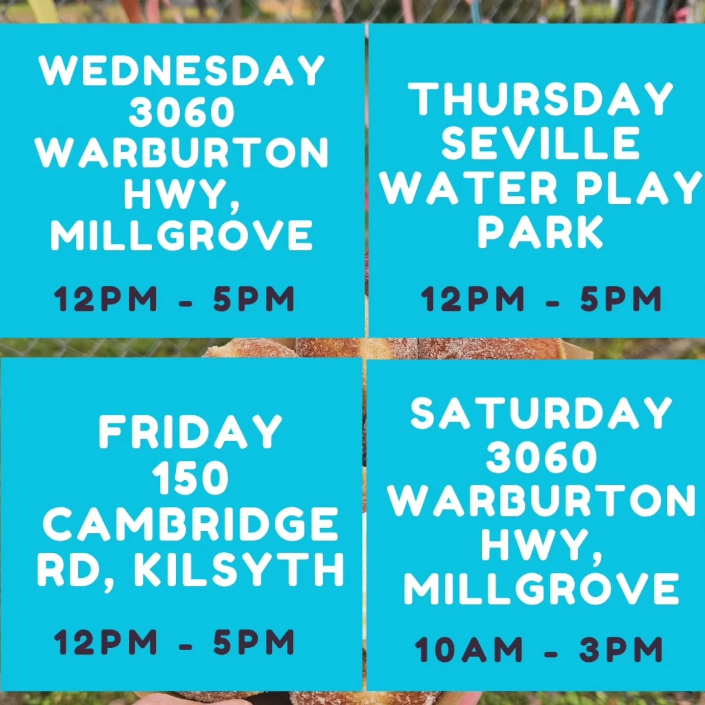 🍩✨ HAPPY MONDAY, DOUGHNUT FAM!!! ✨🍩
We&rsquo;re BACK roadside this week with all your favourite fresh, fluffy, delicious doughnuts! 🥳🍩💖
Here&rsquo;s where you can find us:

📍 WEDNESDAY
3060 Warburton Hwy, Millgrove
⏰ 12pm &ndash; 5pm

💦 THURSD