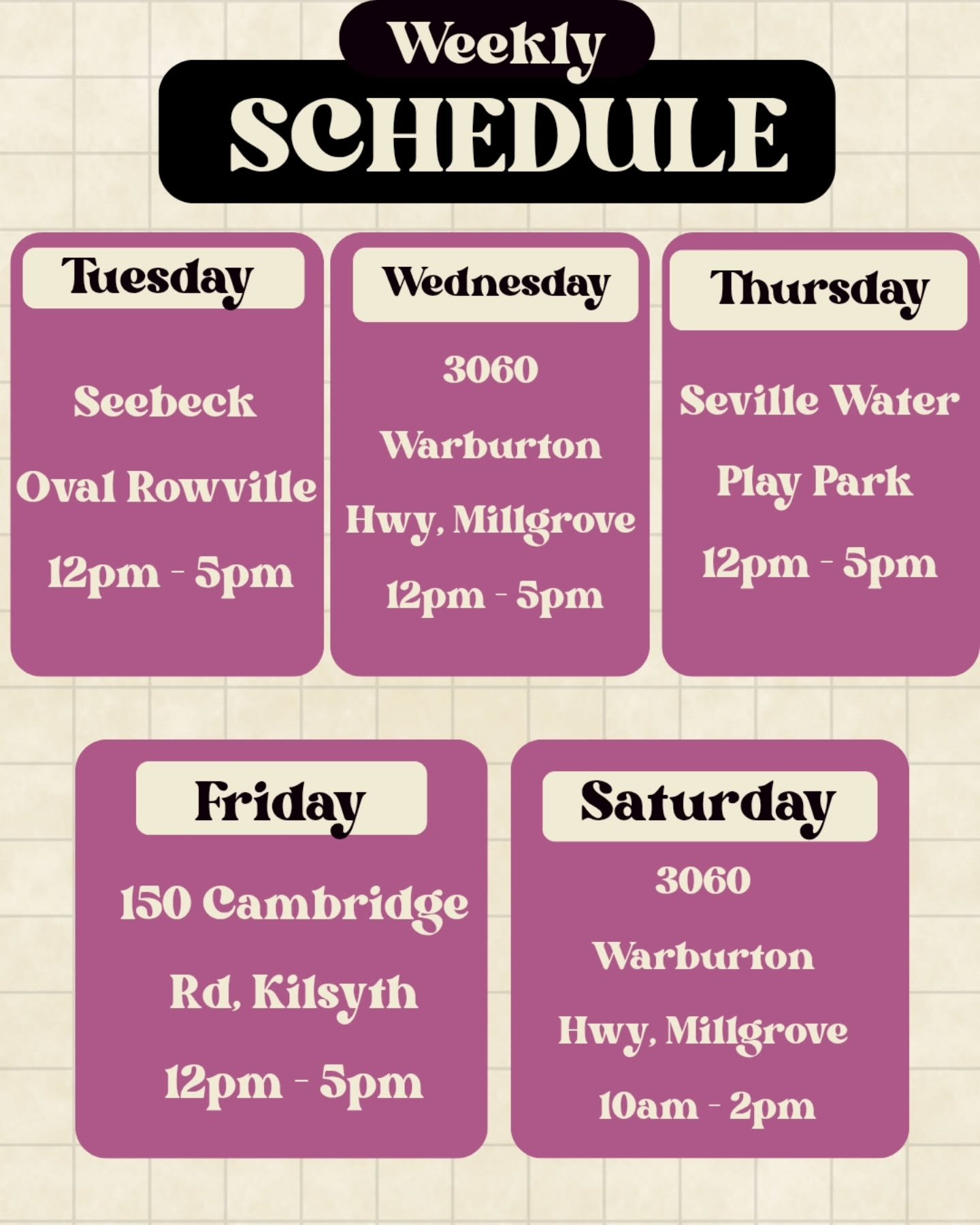 🍩✨ Happy Monday, Doughnut Fam! ✨🍩
Our weekly doughnut schedule is HERE! 💕🍩
We&rsquo;re popping up at all your favourite spots this week, bringing you all the fresh, fluffy, delicious doughnuts you&rsquo;ve been craving! 🤤

📍 WHERE TO FIND US TH